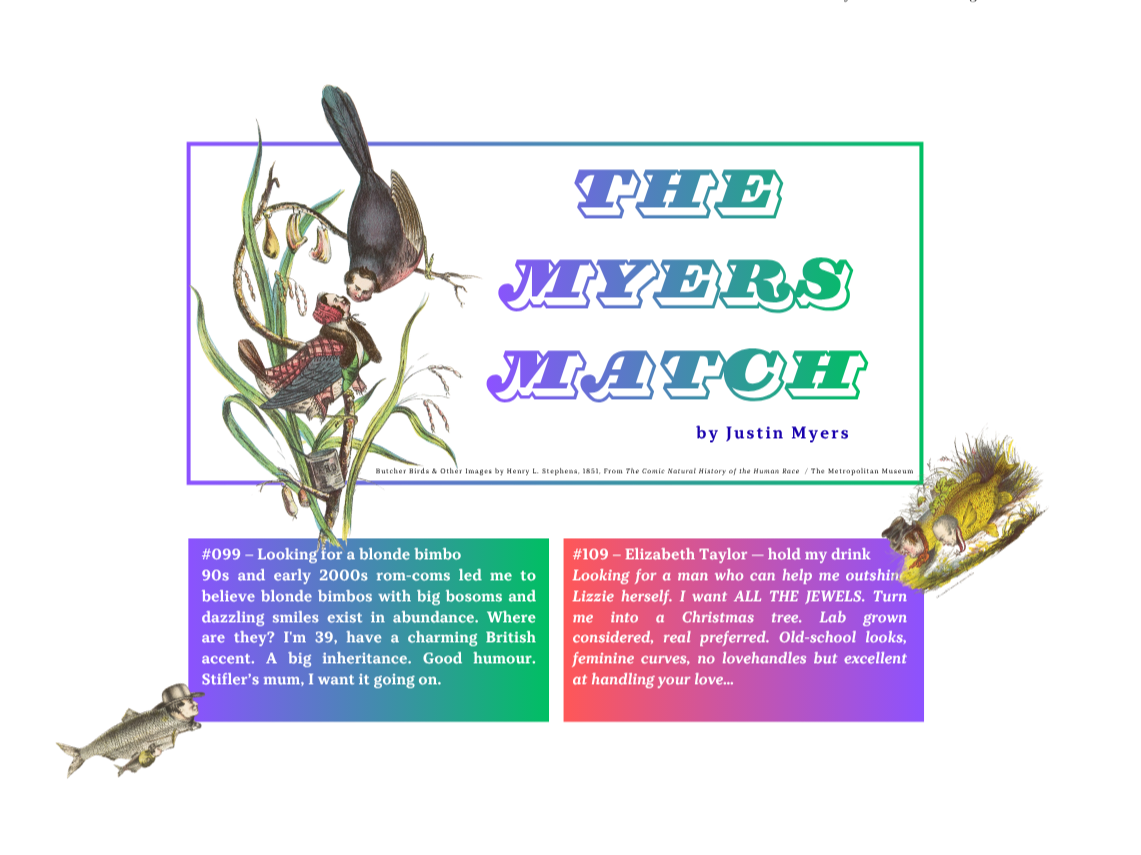 Column "The Myers Match" by Justin Myers "The Guyliner" Issue 02 illustrated with personified Birds by Henry L. Stephens published in The Lonely Hearts Club
