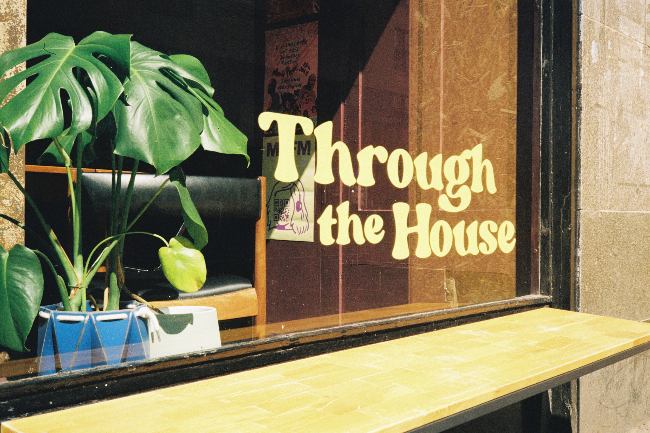 Window with signage in the bottom right stating "Through The House" with a green plant in the bottom left corner. Published as part of the series In Good Company by The Lonely Hearts Club LHC