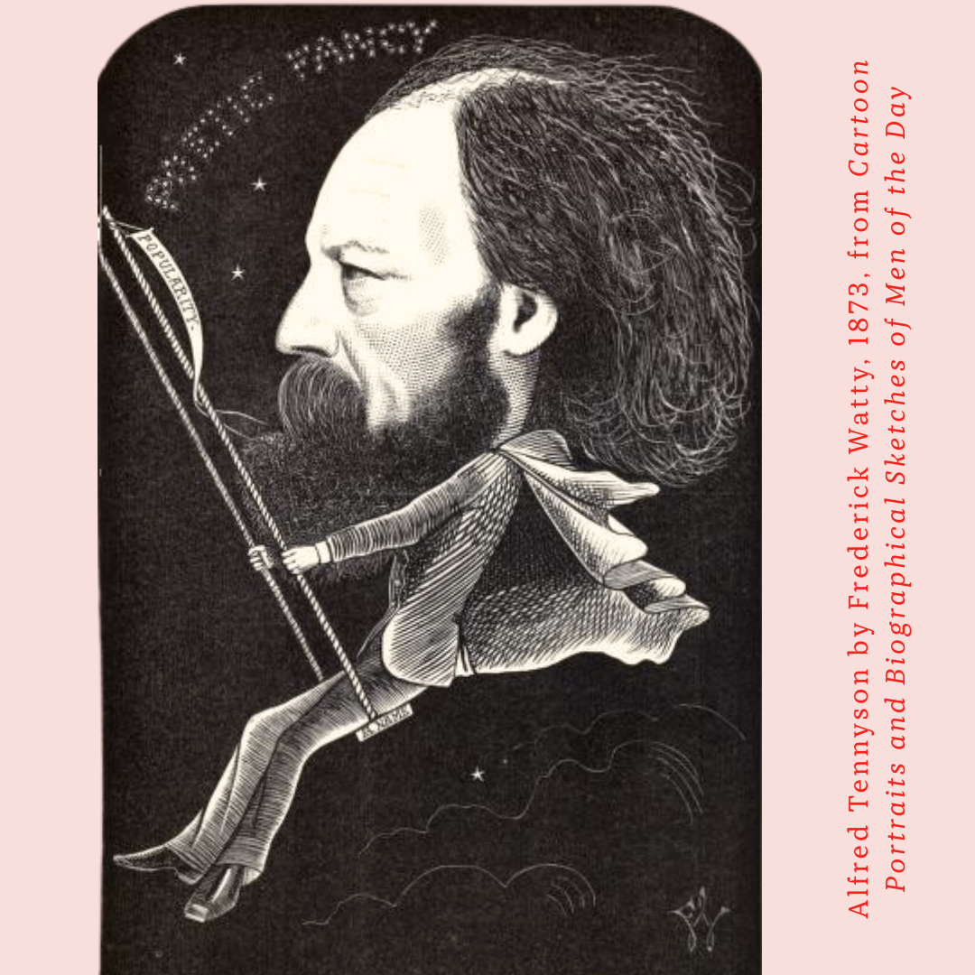 Alfred Tennyson cartoon he is swinging to the left of the page and "Poetic Fancy" is written in the top left corner.