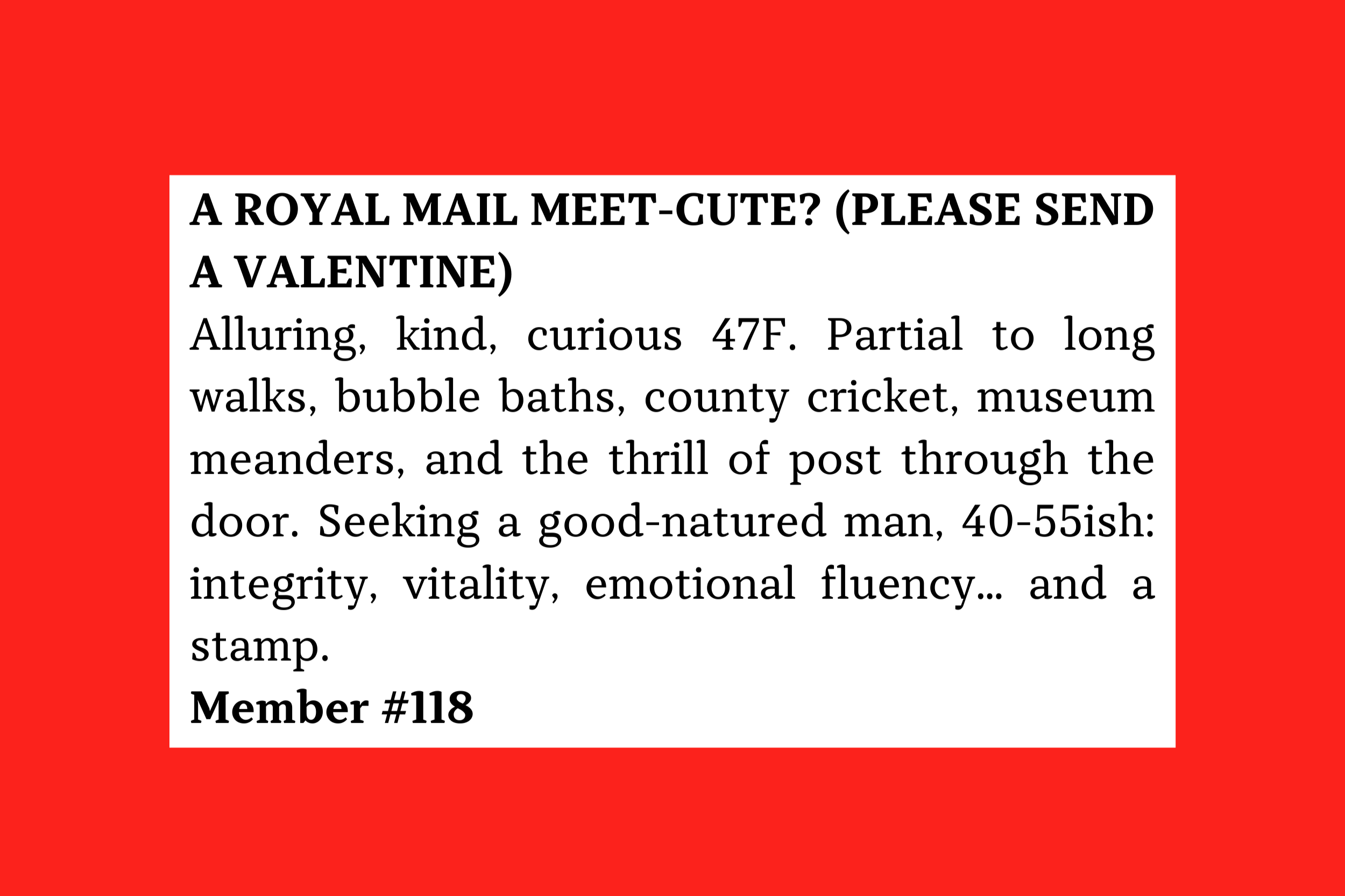 Member #118: 47F seeking good-natured 40–55 man for walks, museums, cricket, and kind, emotionally fluent, curious companionship.