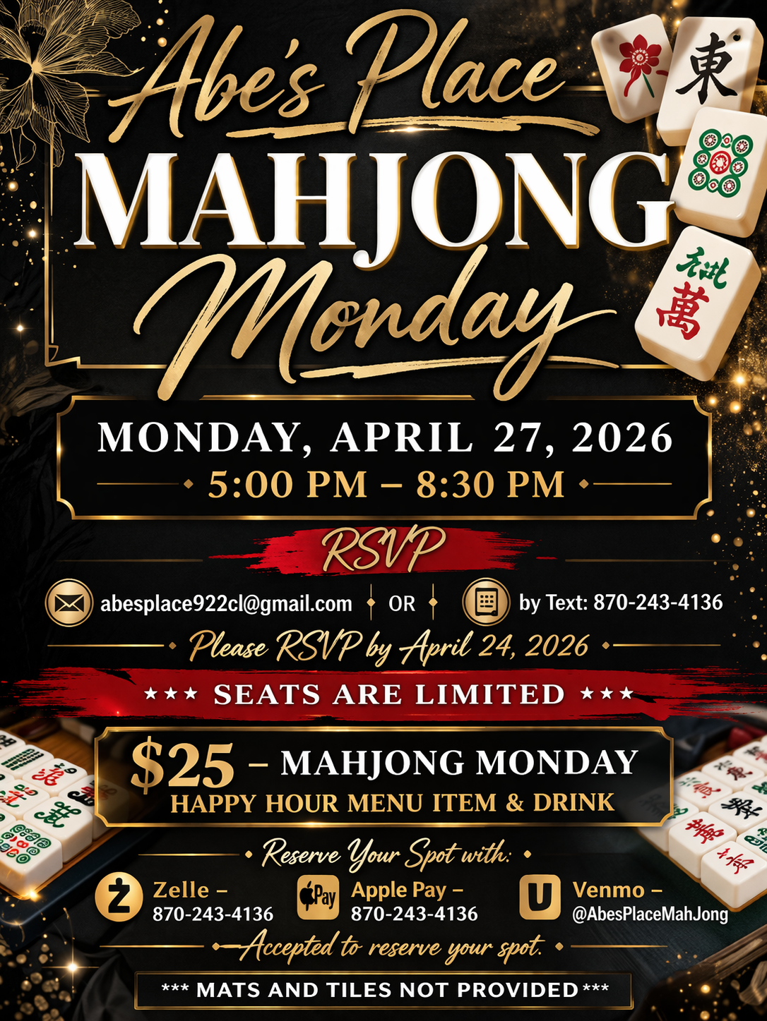 MahJong Monday April 27, 2026 @ 5PM-8:30PM