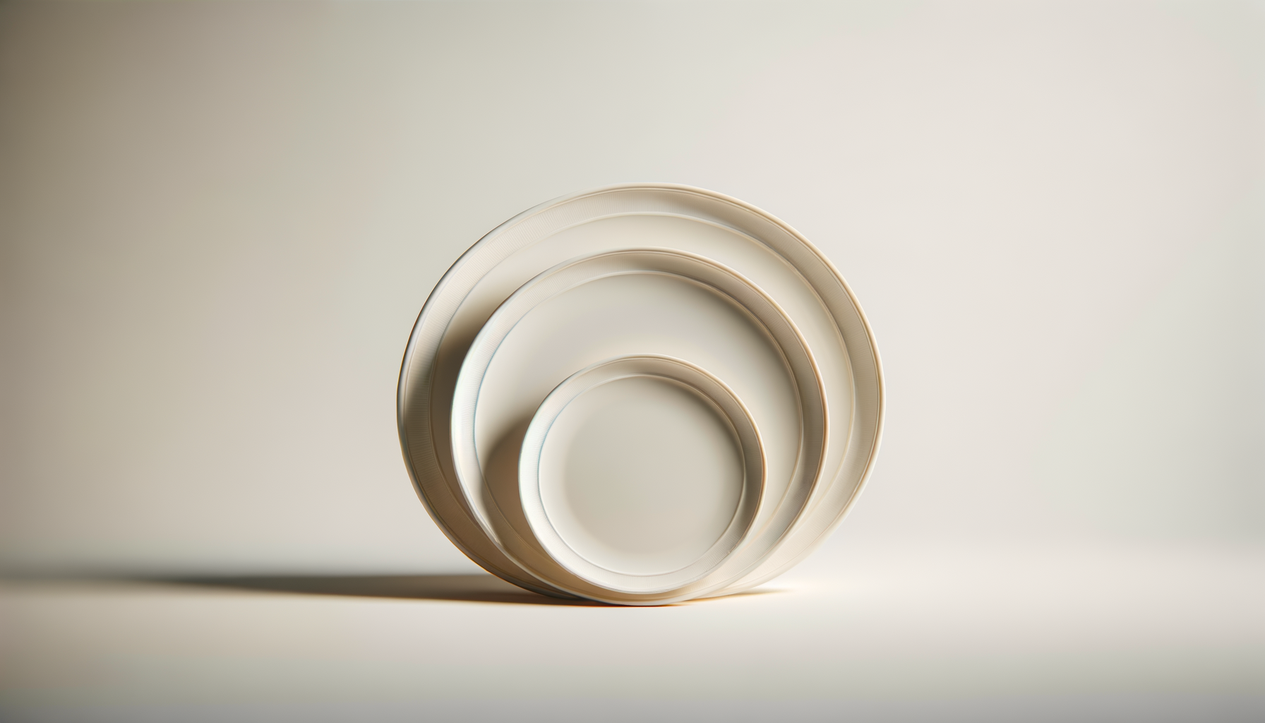 Four stacked cream-colored ceramic plates of varying sizes on a plain surface with shadows cast to the left.