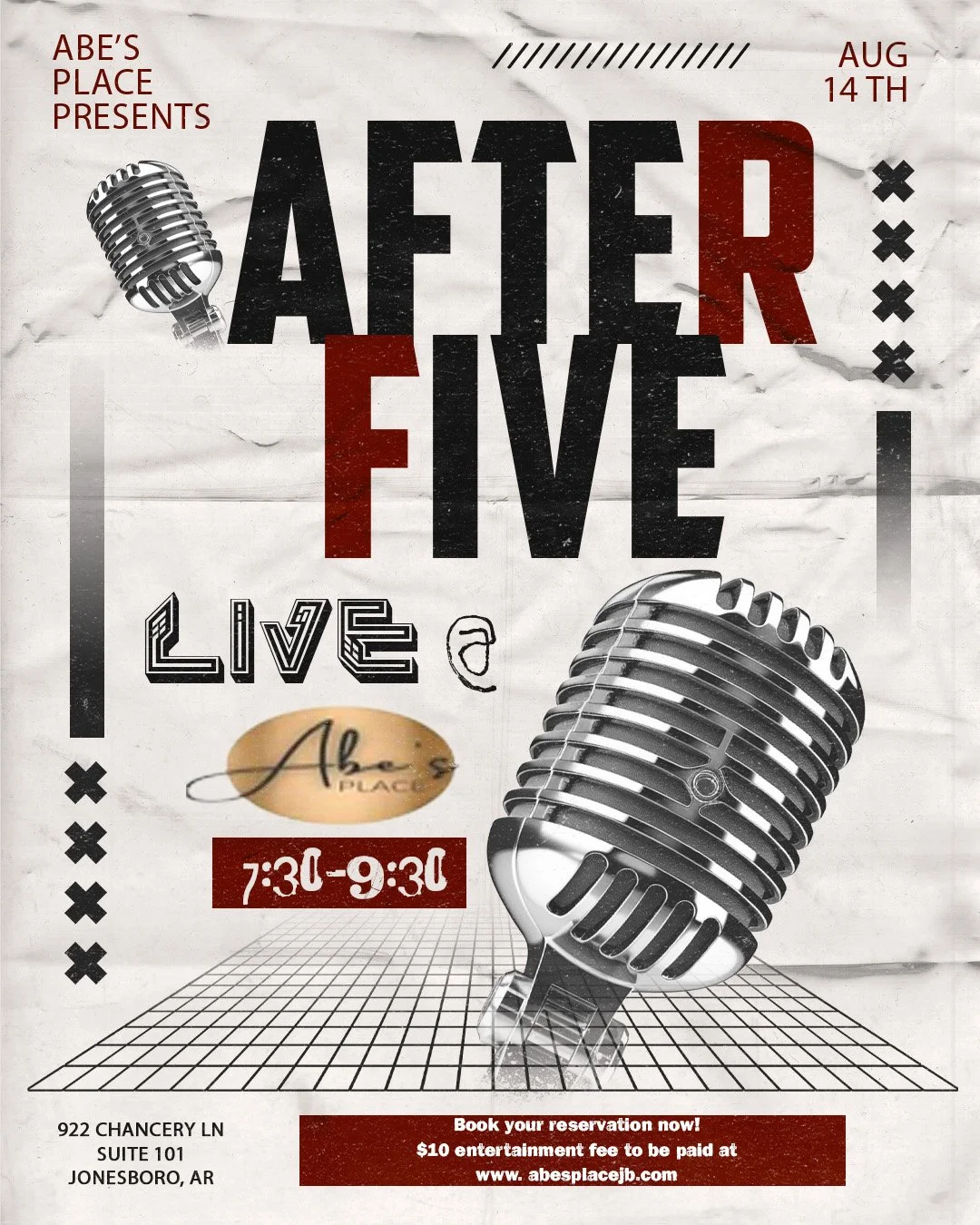 AfterFive @ Abe's Place- Friday August 14, 2026 @ 7:30pm