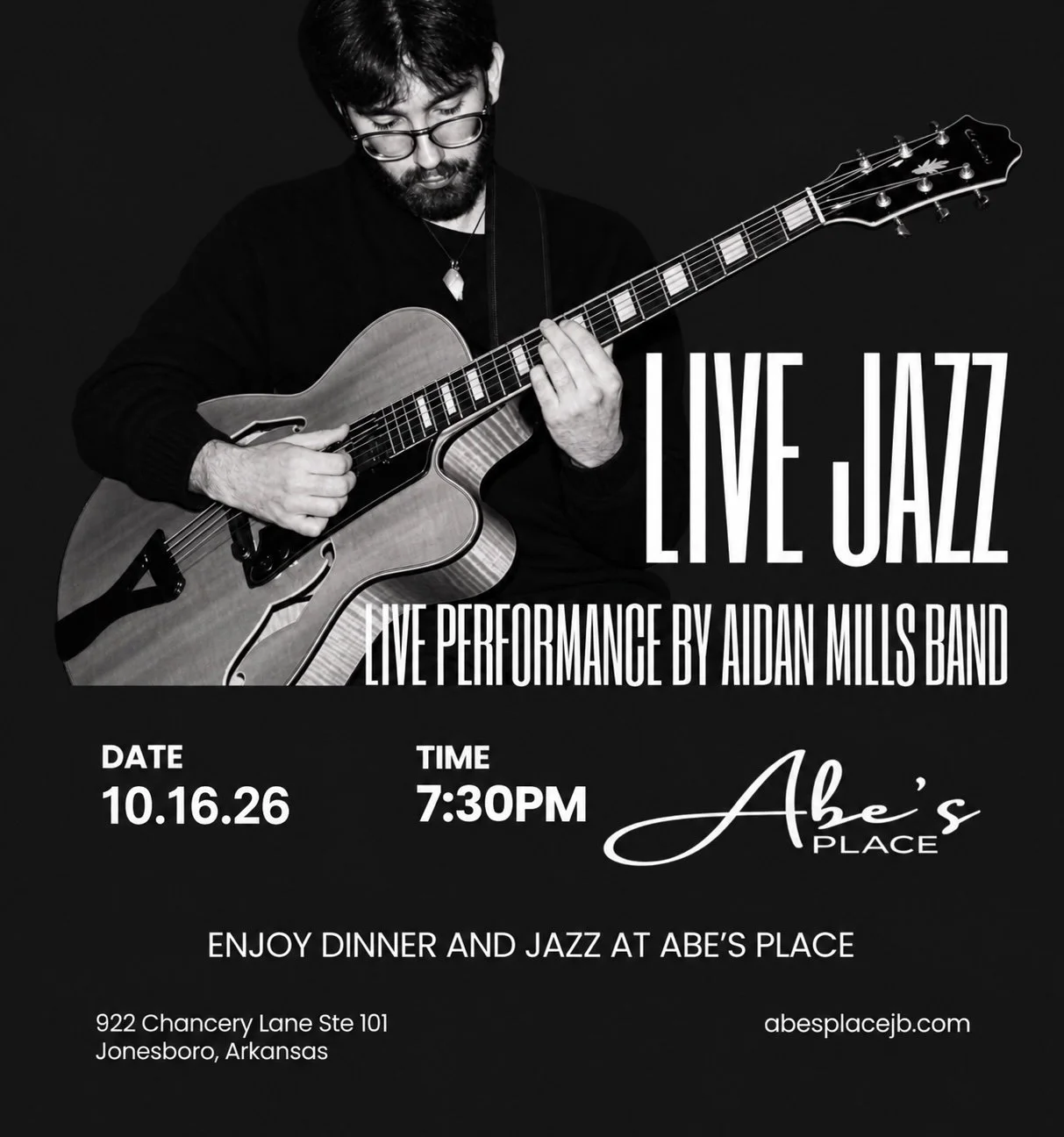 Live Jazz by Aidan Mills Band @ Abe's Place, Friday October 16, 2026 @ 7:30pm