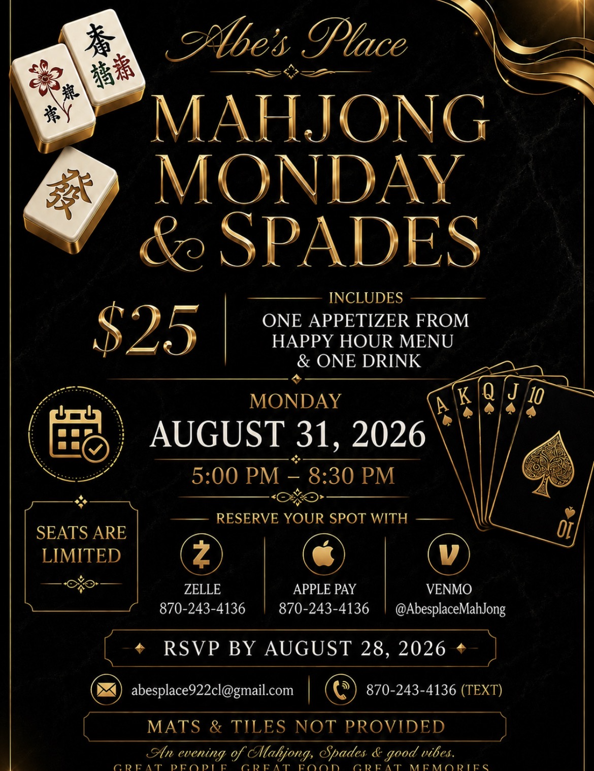 Mahjong Monday and Spades: August 31, 2026 at 5pm