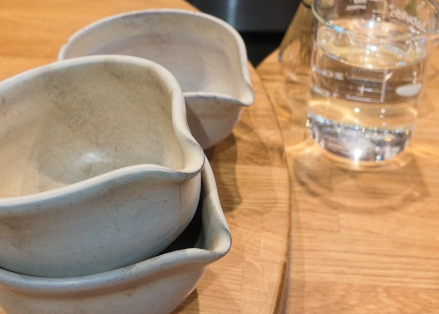 Stack of chawan (tea bowls) on a cafe countertop