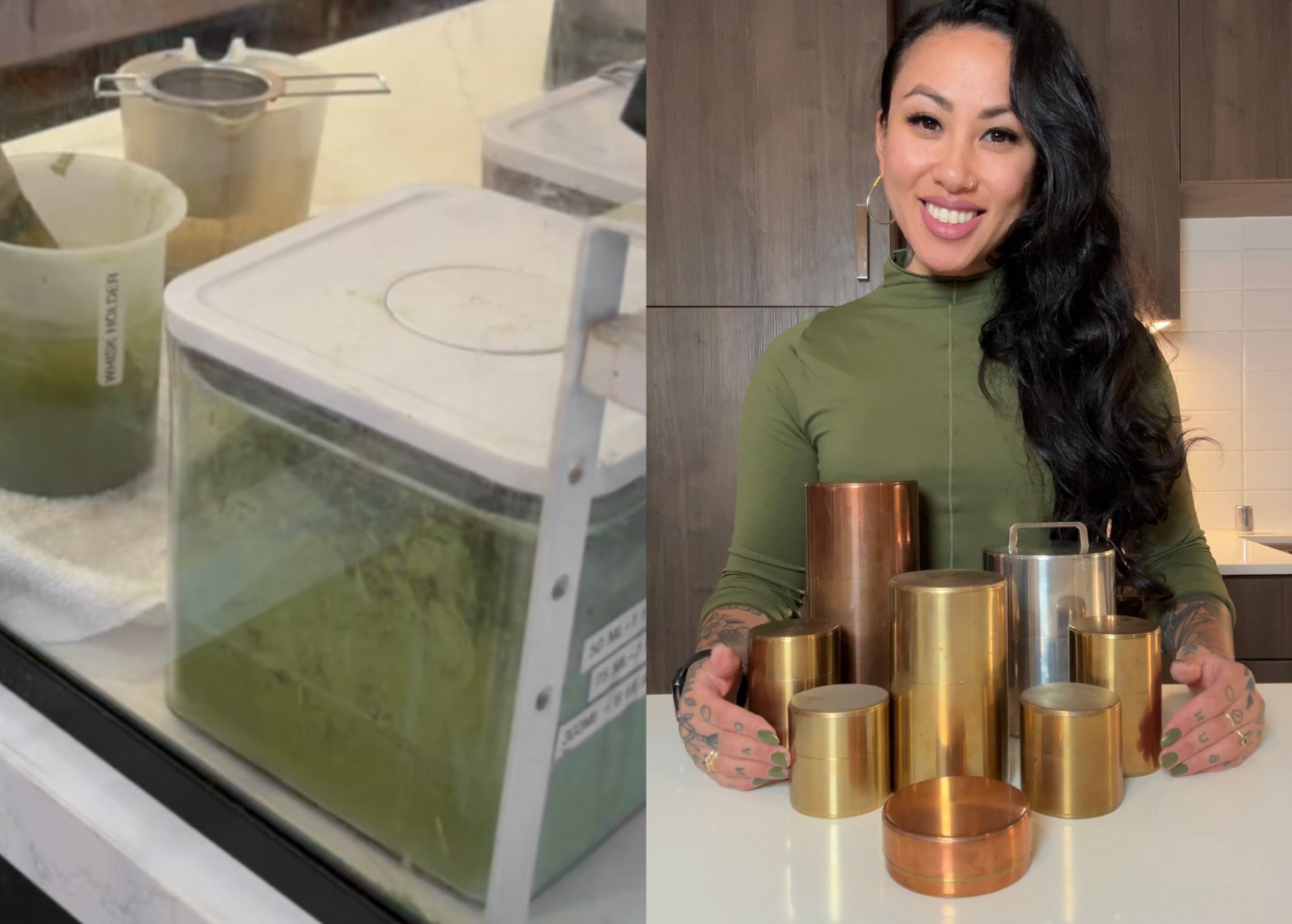Matcha storage examples: improper (large clear container) vs. proper (small, airtight, light-blocking container).