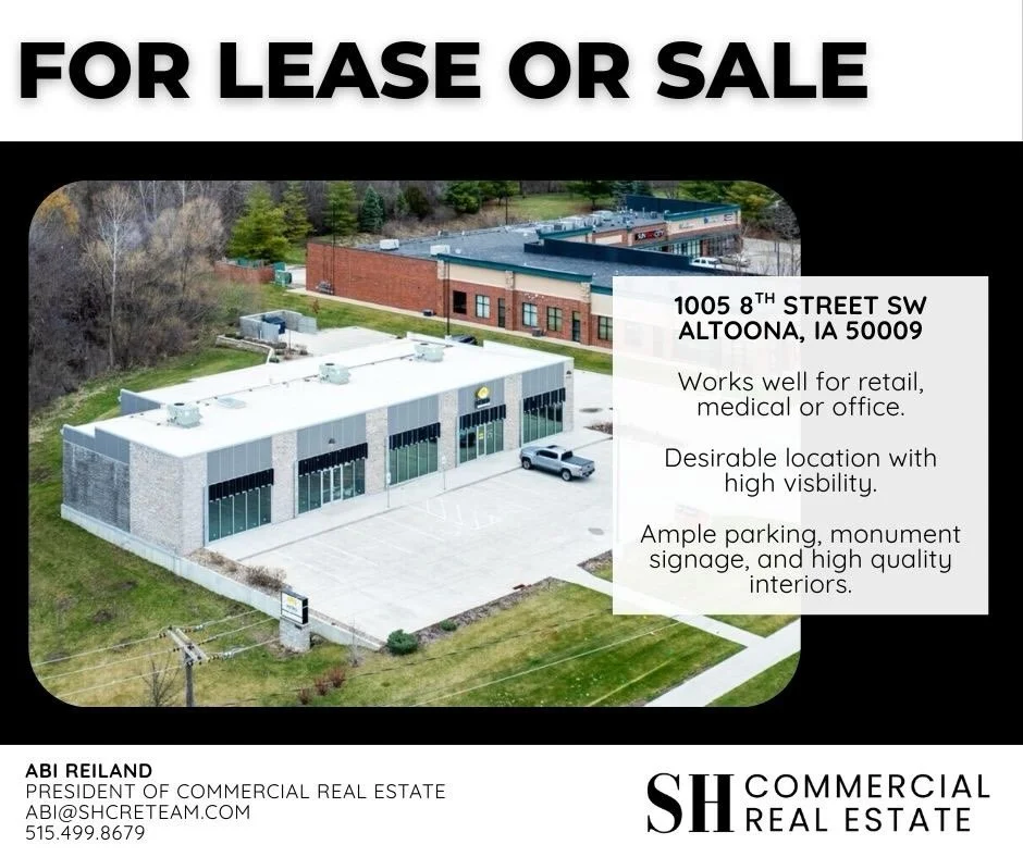 A lot of great activity on this high-visibility retail/office opportunity in Altoona.

📍 1005 8th Street SW &ndash; Altoona, IA

This property features excellent visibility, ample parking, monument signage, and a high-quality interior buildout&mdash