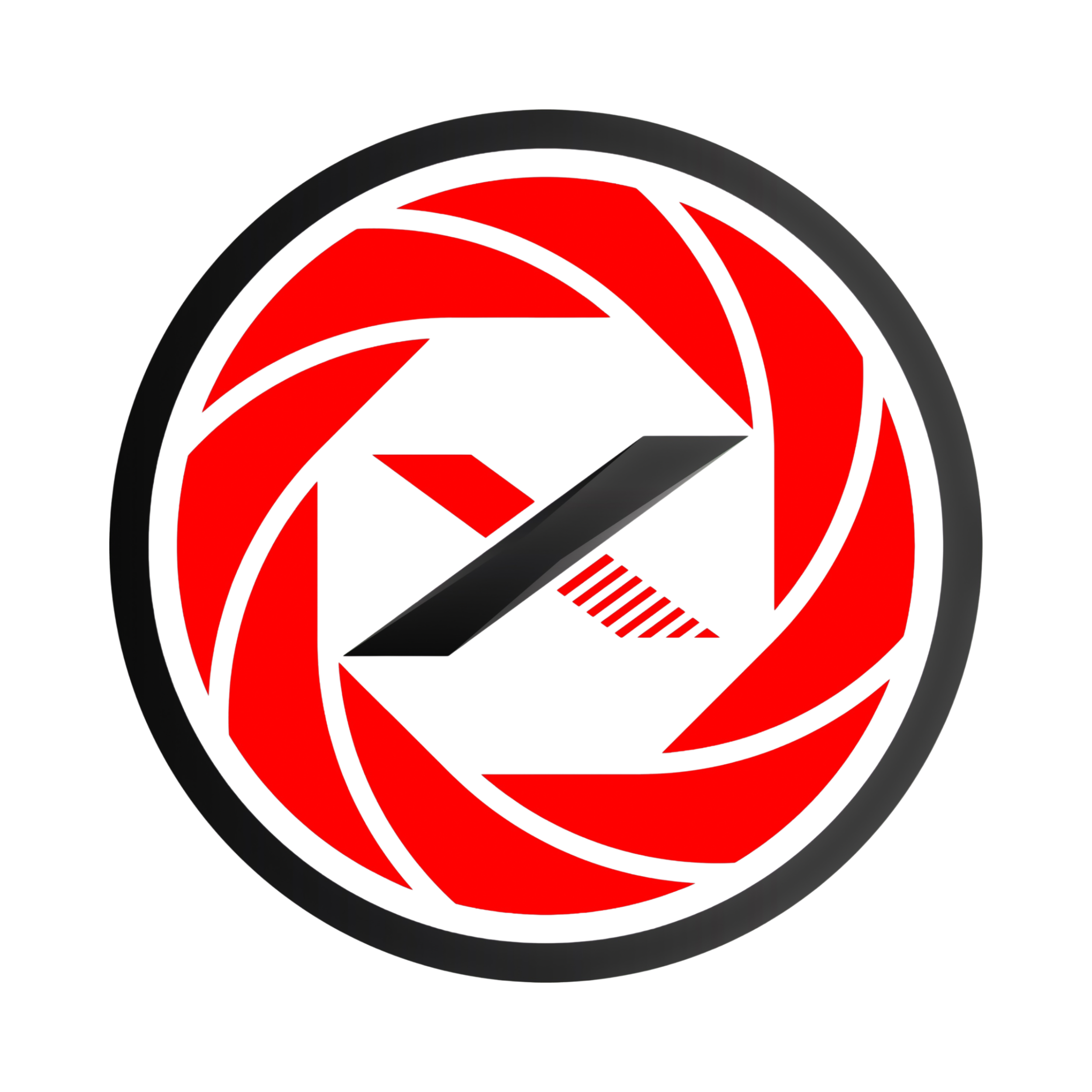 A circular logo with red and black geometric shapes resembling a camera shutter, centered around a black and gray camera icon.
