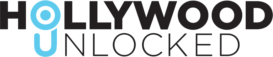 Graphic logo with the words "Hollywood Unlocked" in black and gray, with a stylized blue palm tree replacing the letter "O" in "Hollywood."