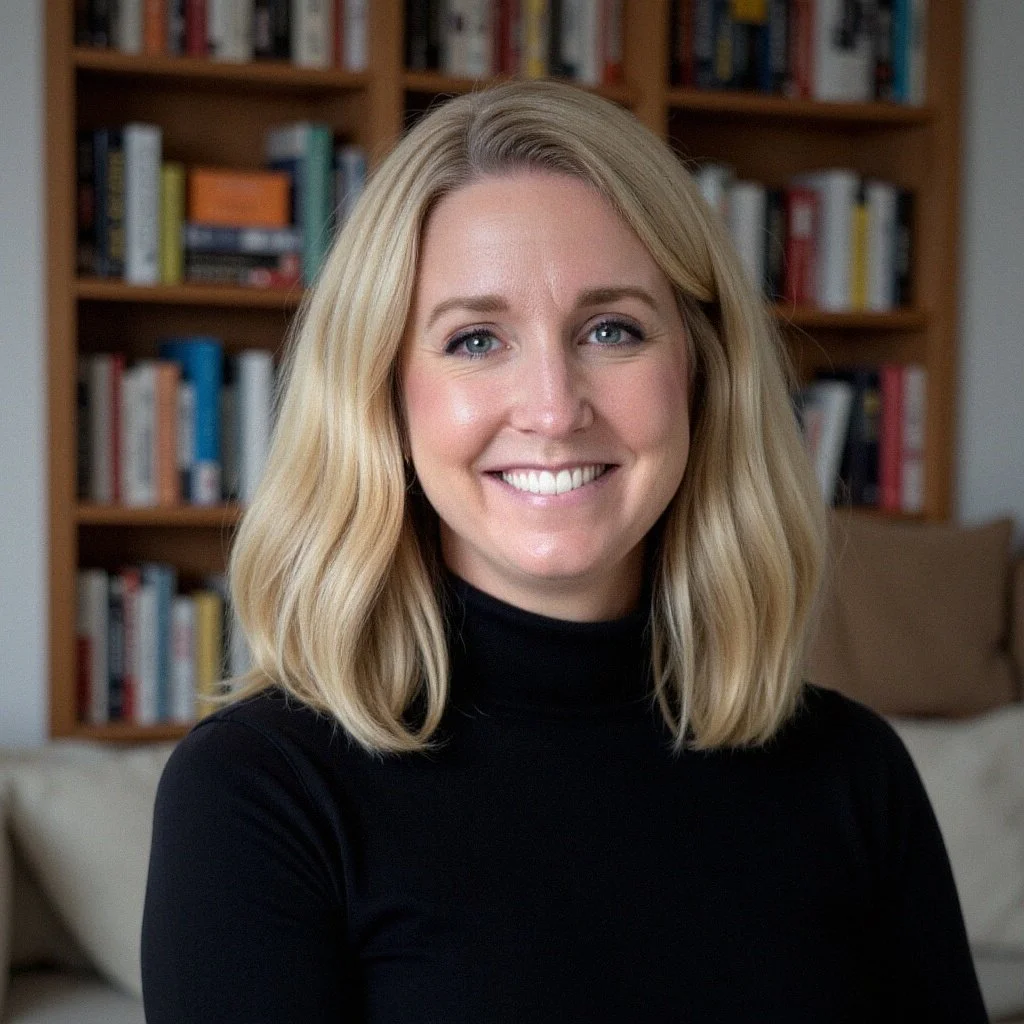 A woman with shoulder-length blonde hair, smiling, wearing a black turtleneck, seated in a room with a wooden bookshelf filled with books in the background.