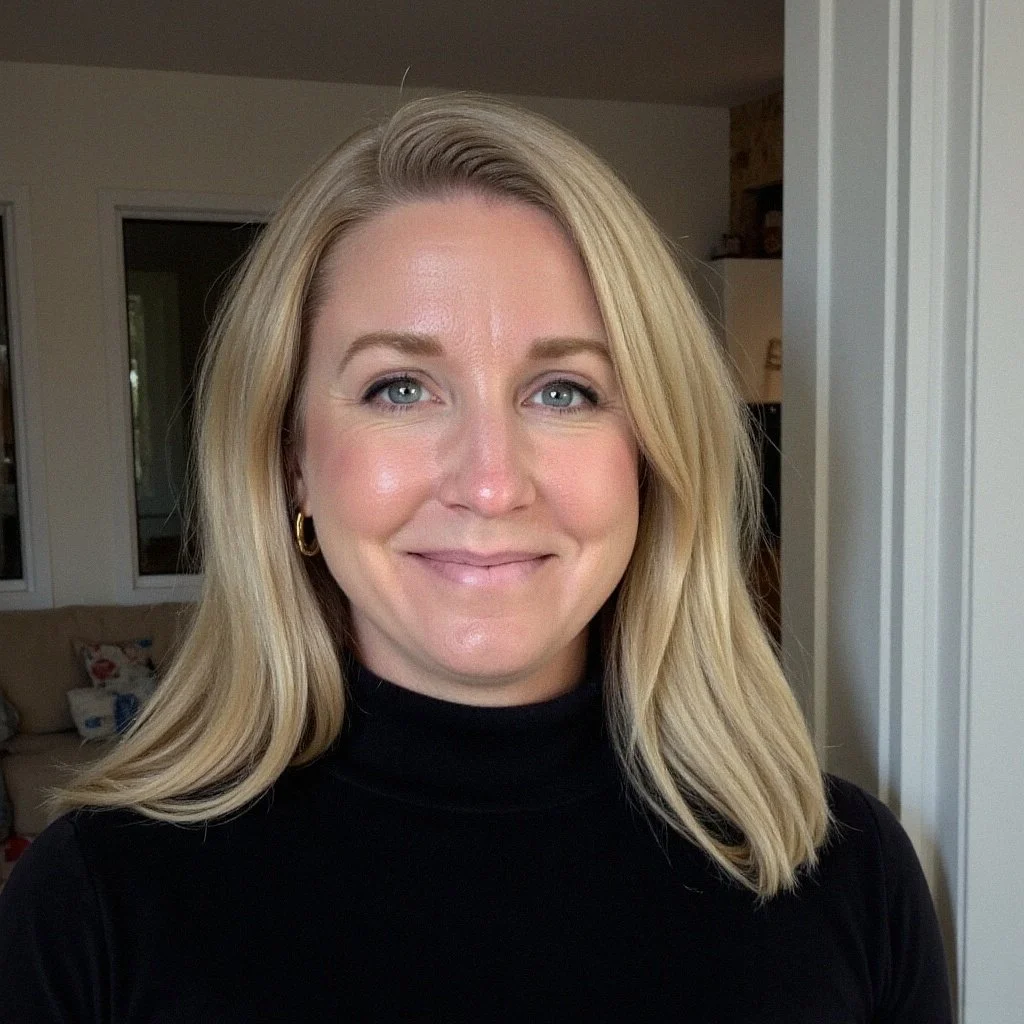 A smiling woman with blonde hair wearing a black turtleneck in a home interior.