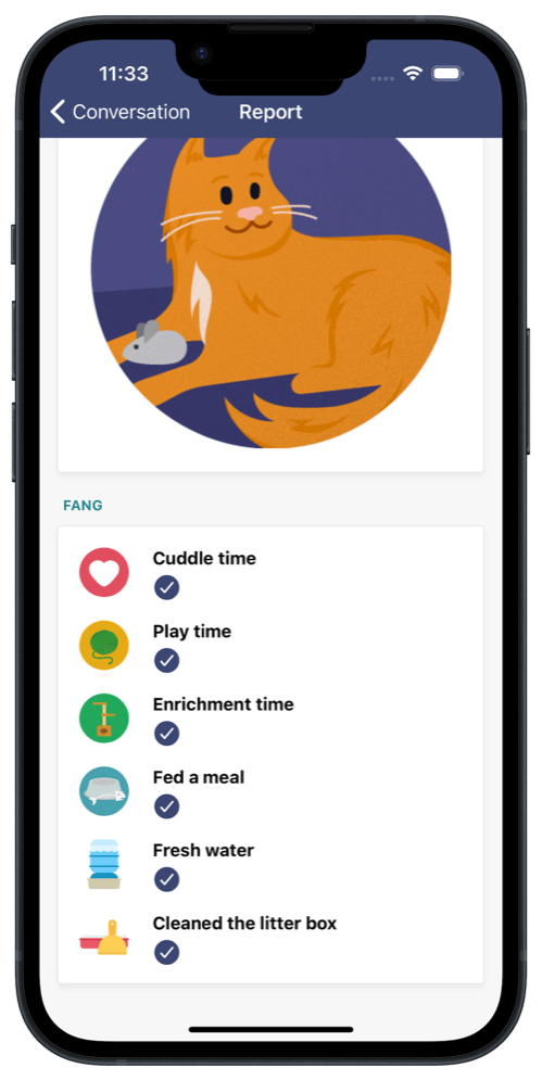 A smartphone screen displaying a pet care app with an illustration of an orange cat lying down with a gray mouse toy nearby. The app has a checklist for the cat's daily activities, including cuddle time, play time, enrichment, feeding, fresh water, and litter box cleaning.