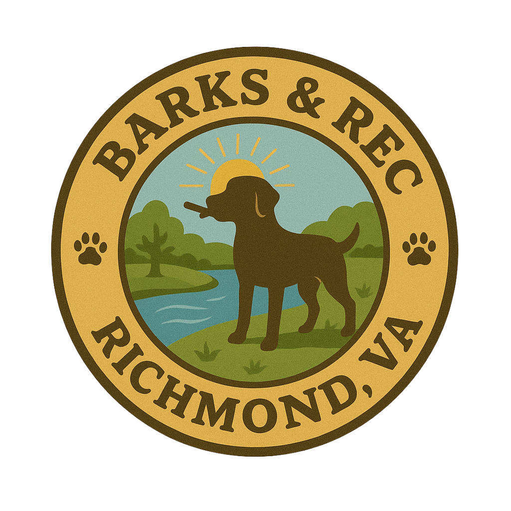 Seal of the Bark & Rec, Richmond, VA, featuring a dog with a stick standing by a river with trees and a sun in the background.