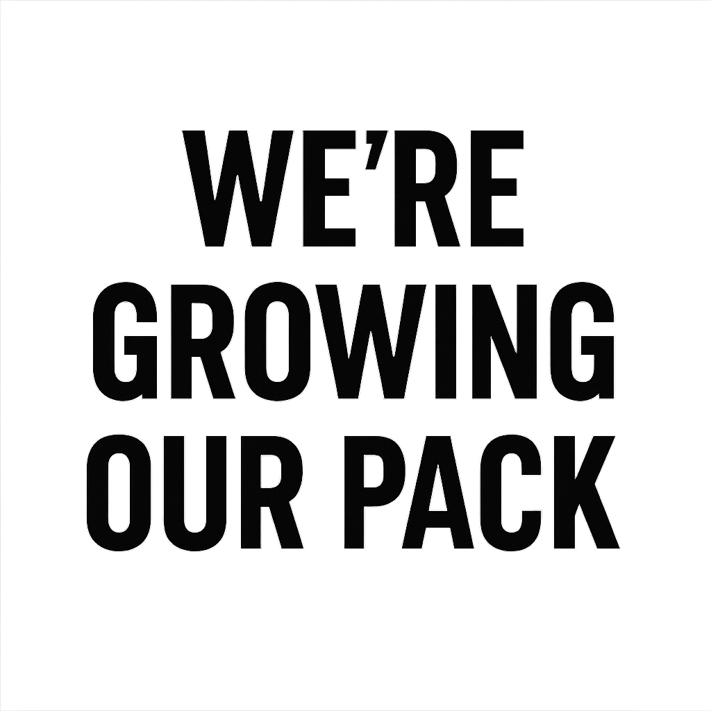 Black background with white outlined text that reads, "WE'RE GROWING OUR PACK."