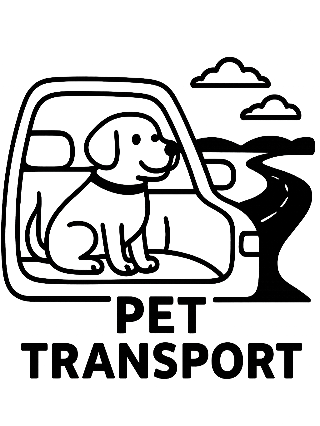 Line art illustration of a dog sitting inside a pet transportation vehicle, with a background showing a road, clouds, and hills. The text 'PET TRANSPORT' is below the image.