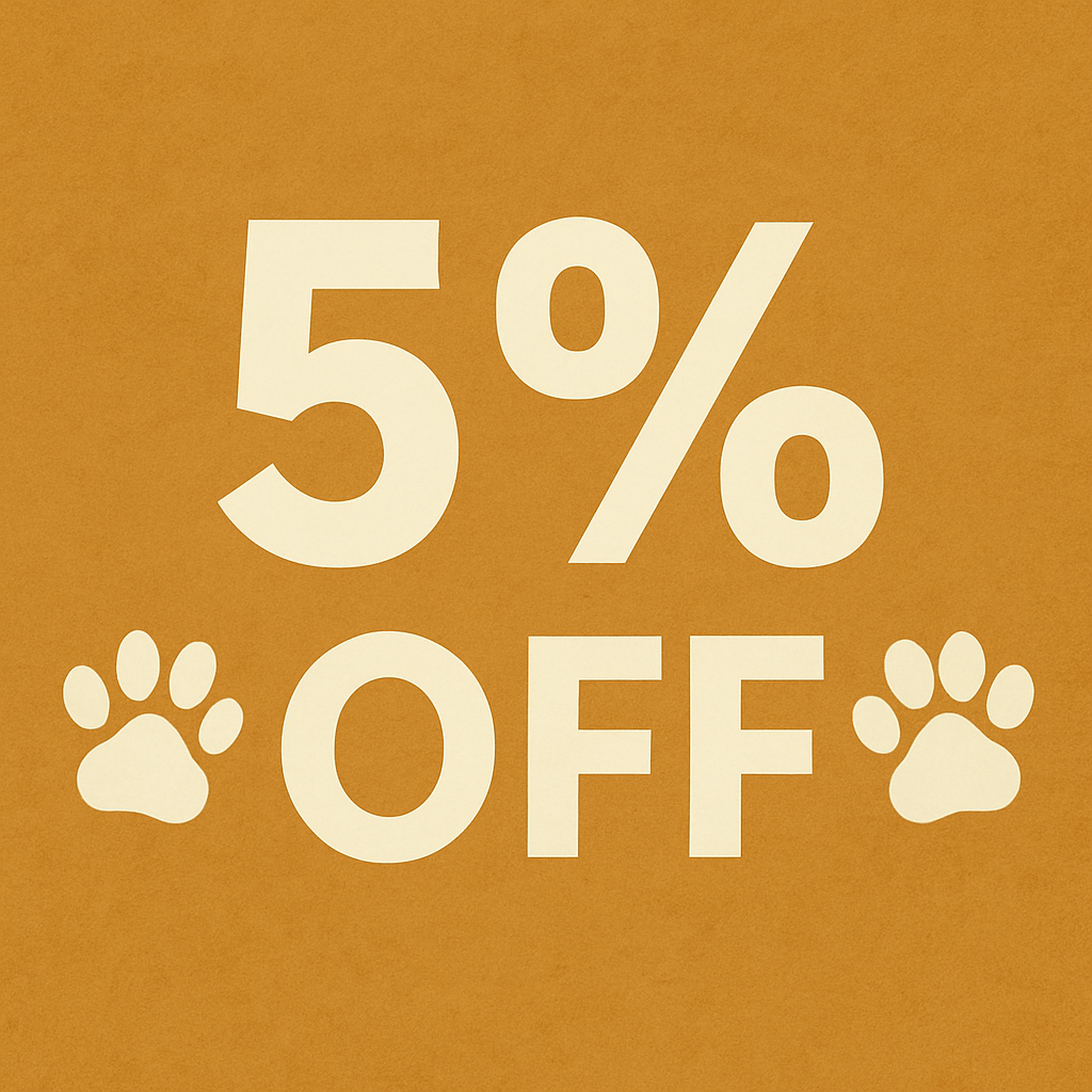 A sale sign offering 5% off with paw print graphics on a brown background.
