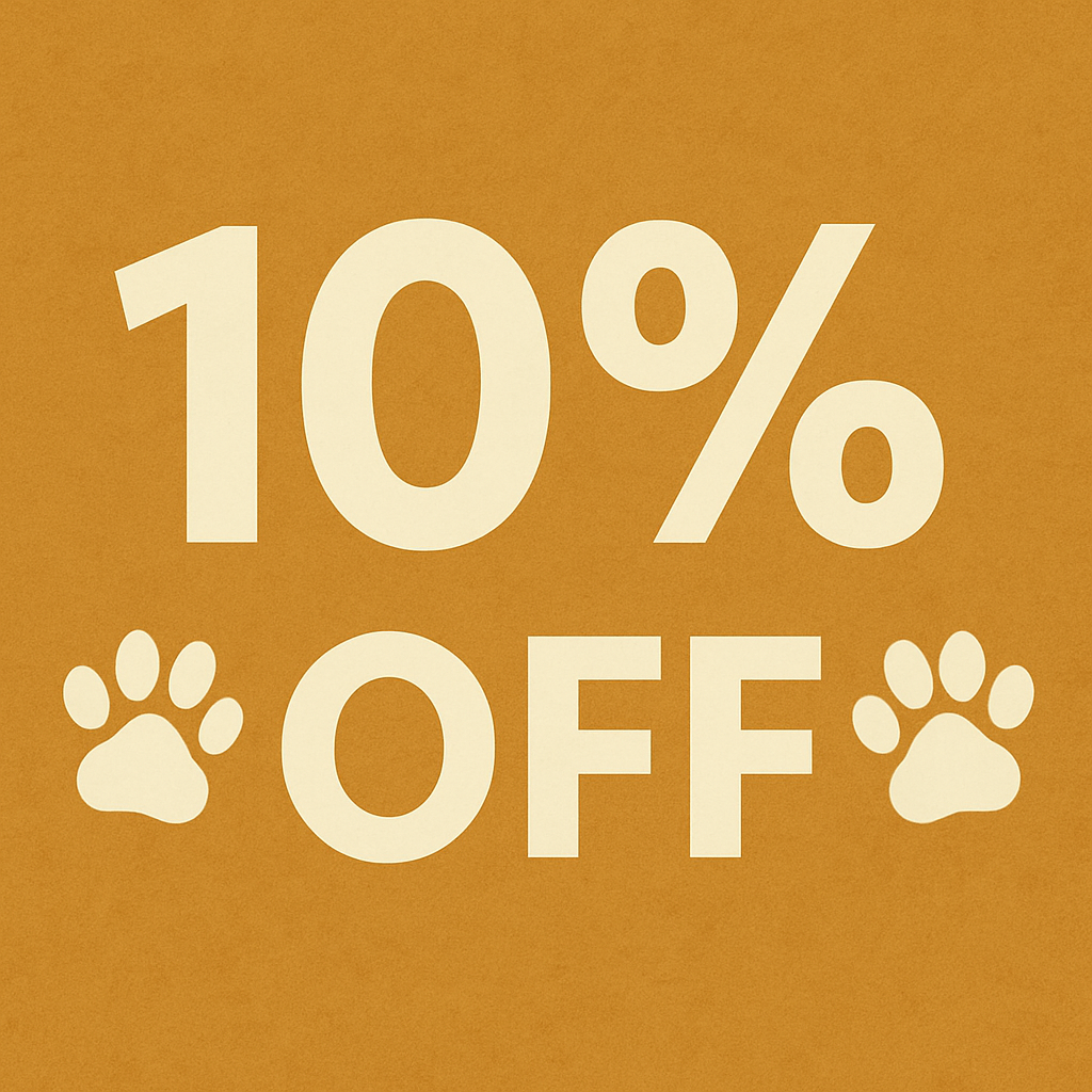 White text on a brown background advertising a 10% discount, with paw print icons on either side of the word "OFF."