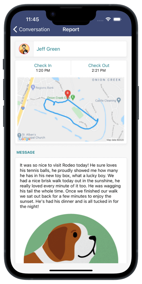 A smartphone screen showing a pet walking report with a map, a message about a visit to Rodeo, and a cartoon illustration of a dog.