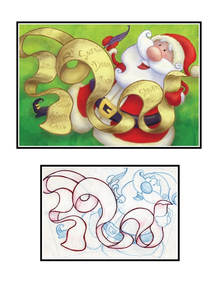 Decorative Christmas scene with Santa Claus holding a list, surrounded by a scroll with handwritten names, and a sketch of the same scene underneath.