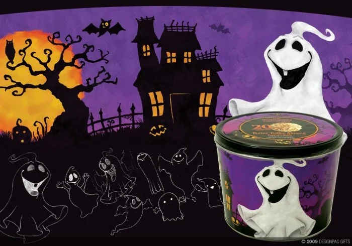 Halloween-themed background with a haunted house, leafless tree, bats, ghosts, and a smiling cartoon ghost figure, along with a Baskin-Robbins ice cream tub featuring the same ghost mascot.