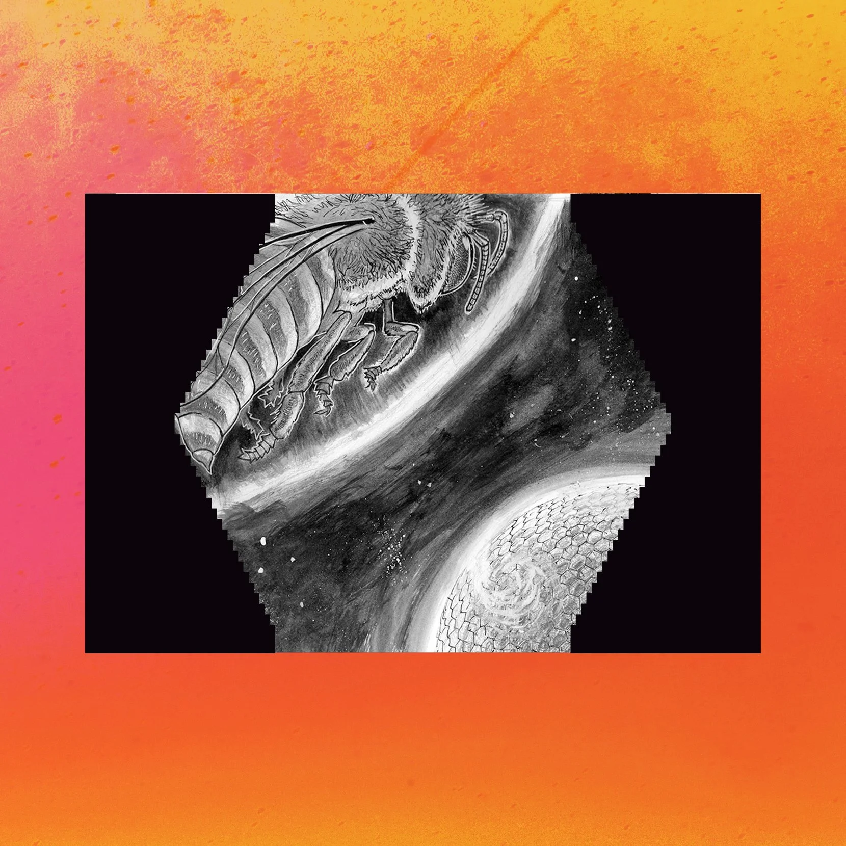 A black and white drawing of an alien or bug-like creature with multiple legs, claws, and antennae, floating above a swirling cosmic background with stars and a textured spherical object.