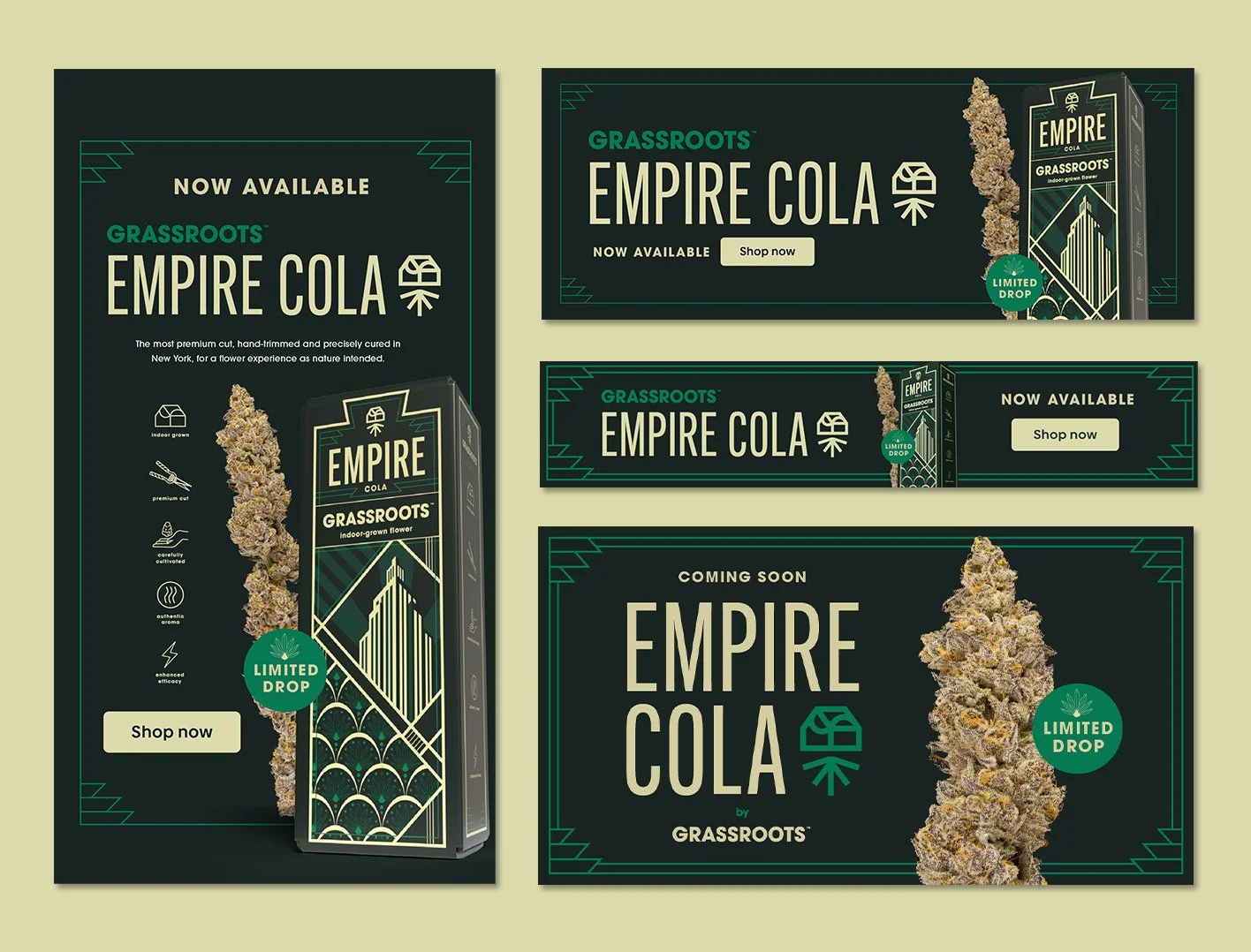 Various digital advertisements for Grassroots Empire Cola, featuring cannabis buds, limited drop labels, and sale prompts, with a dark green and beige color scheme.