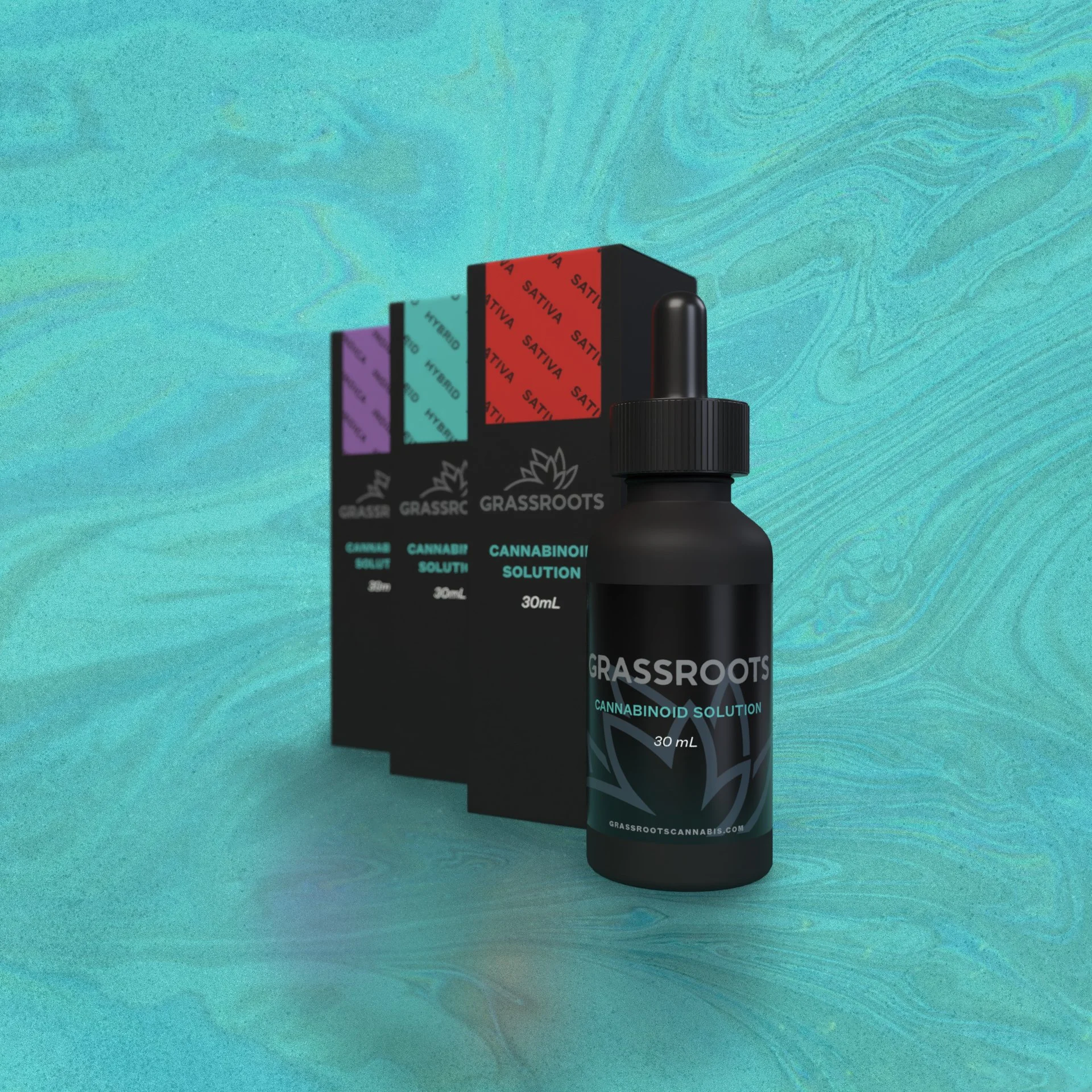 A black dropper bottle labeled 'Grassroots Cannabinoid Solution 30 mL' placed in front of three boxes of the same product with different colored labels in purple, blue, and red, set against a teal marbled background.