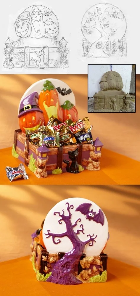 A completed Halloween-themed diorama with a castle entrance, haunted house decorations, painted pumpkins, candies, and spooky figures, inspired by initial sketch and clay sculpture.