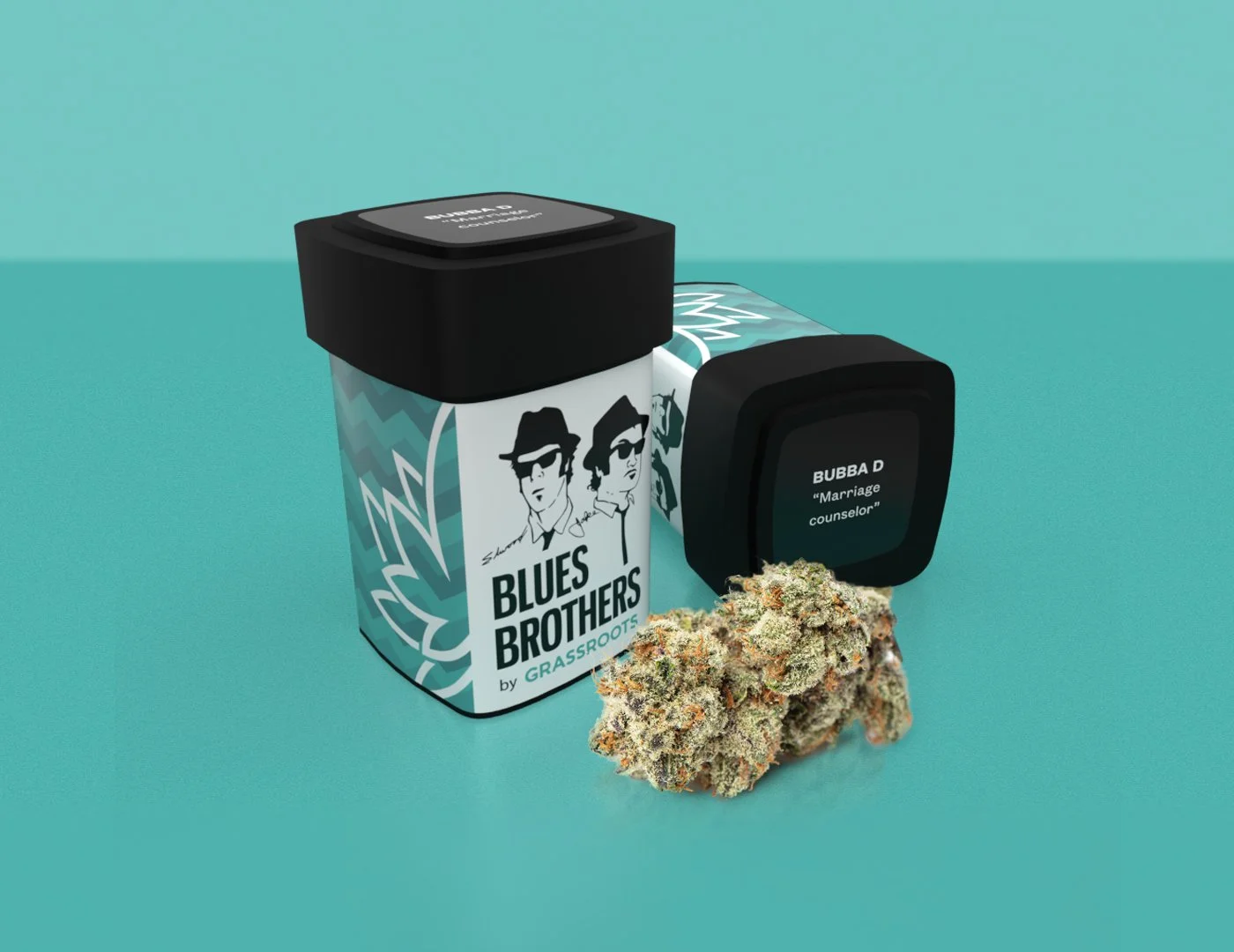 A container labeled 'Blues Brothers by Grassroots' with a black lid, a black digital wristband with 'BUBBA D Marriage counselor' displayed, and a cannabis bud on a teal surface.
