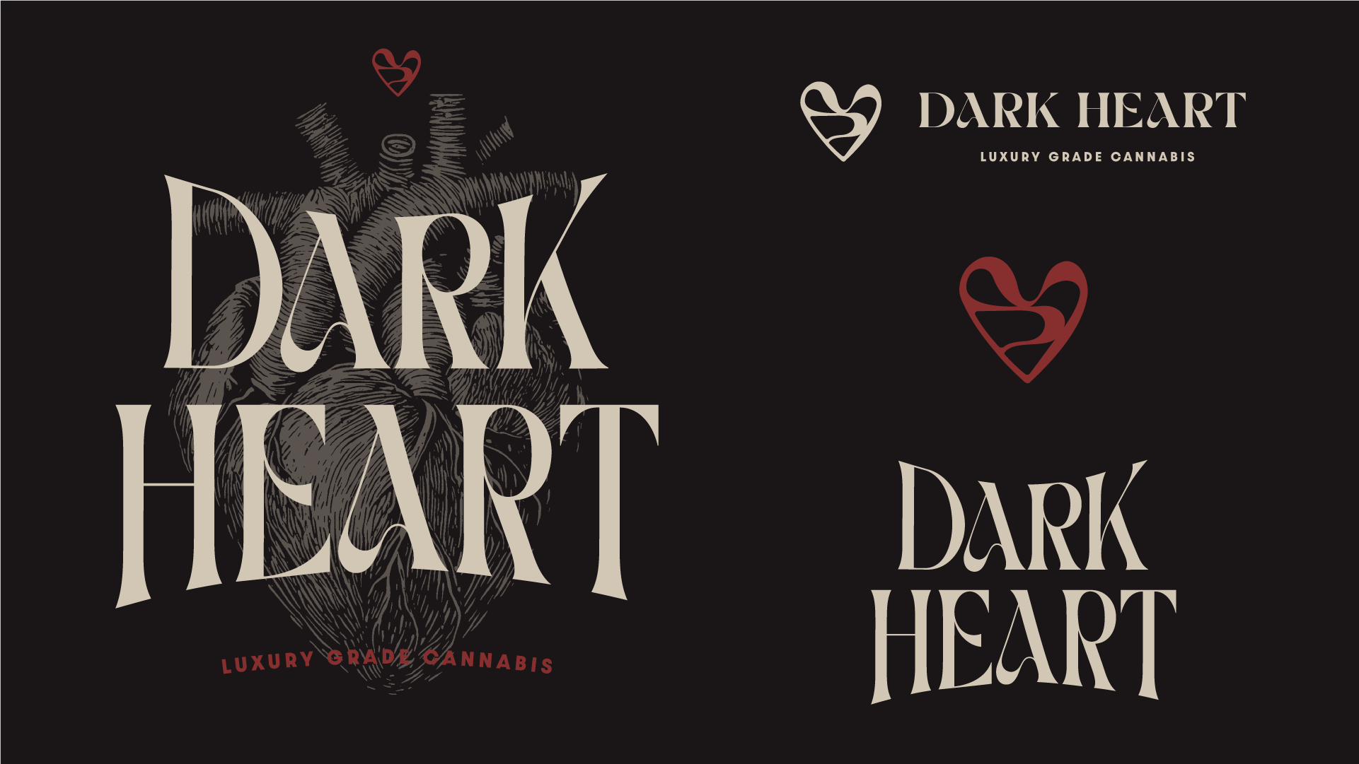 A cannabis product label with a black background featuring an anatomical heart illustration, the words "Dark Heart" in large stylized text, and small text indicating it is a luxury grade cannabis. The label also includes heart icons, one in red and one in beige.