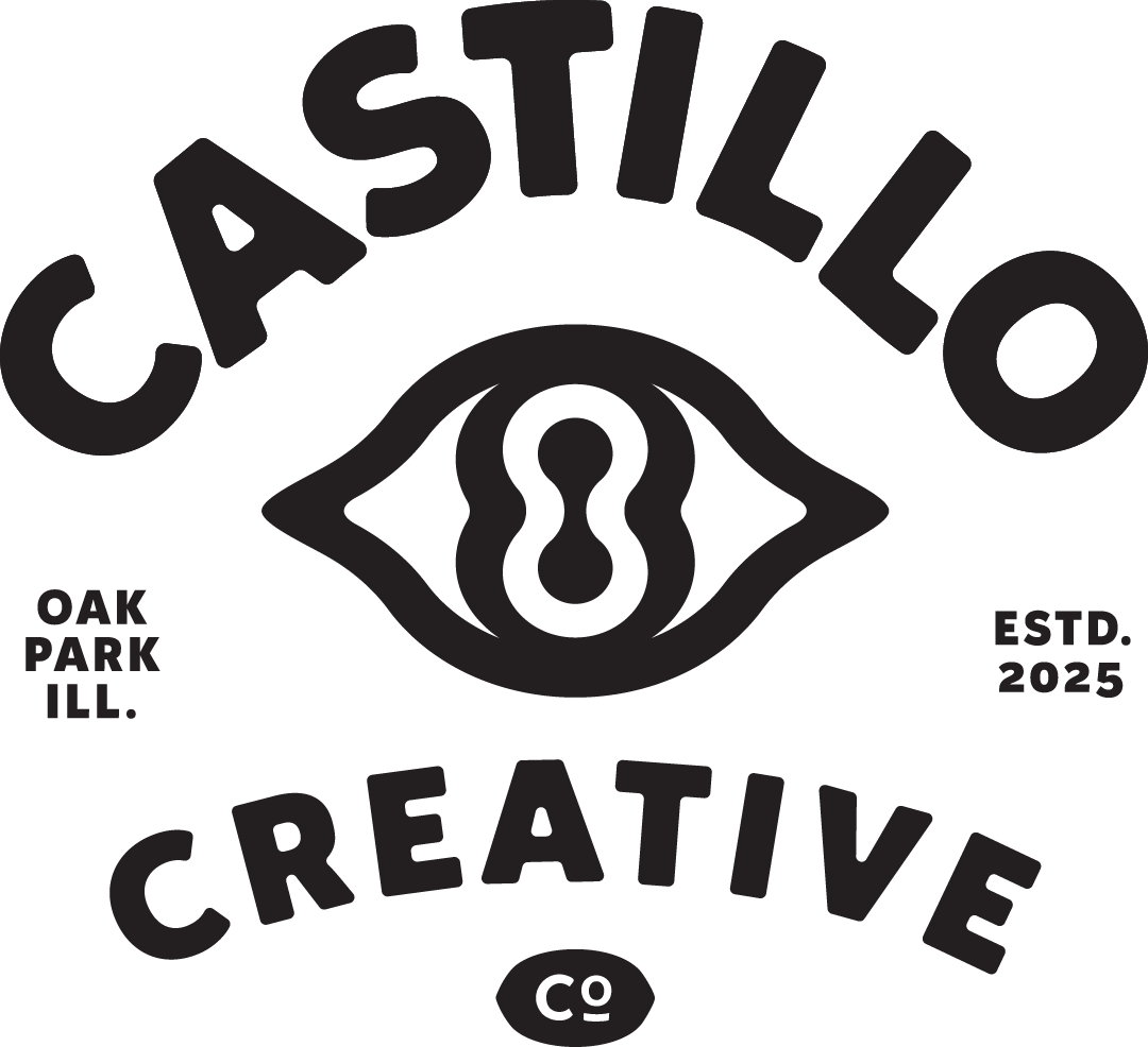 Logo with the word 'CASHILLO' at the top and 'CREATIVE' at the bottom, featuring a stylized eye in the center, with 'OAK PARK ILL.' on the left and 'ESTD. 2025' on the right.