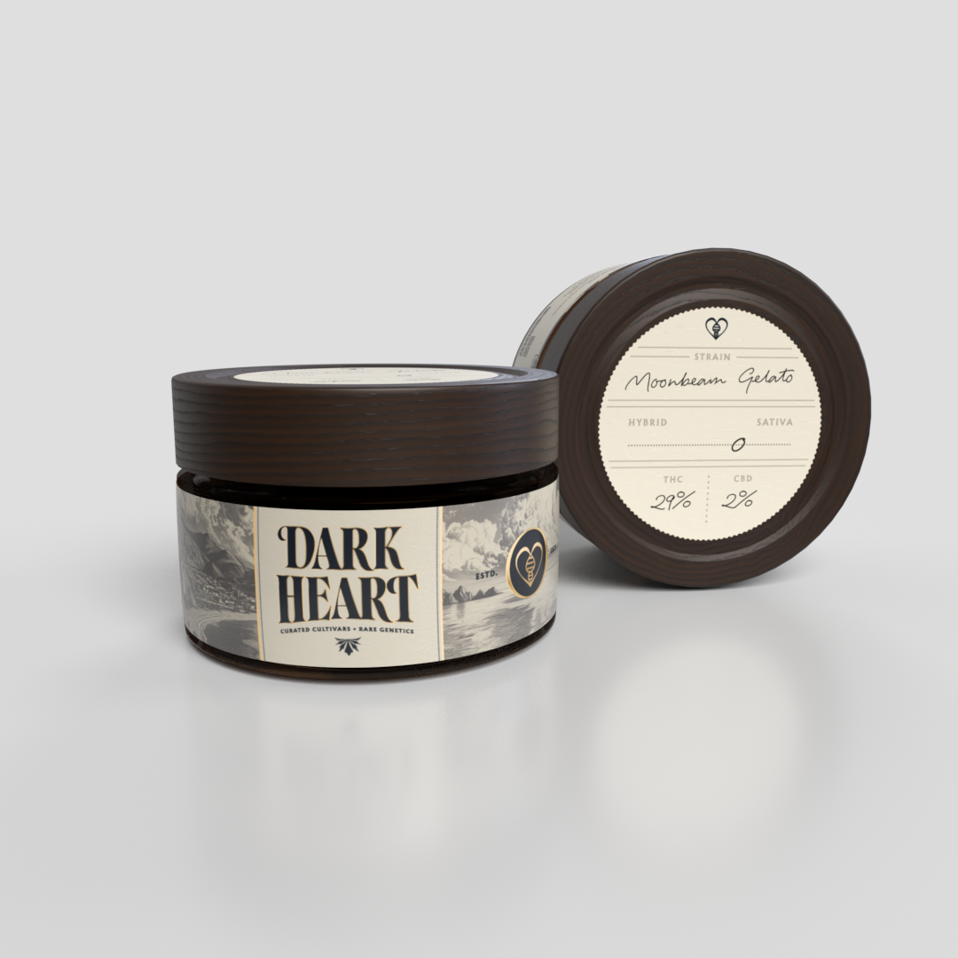 Cannabis product jar labeled 'Dark Heart' with a mountain landscape illustration and a black lid. Next to it, a round container with a label indicating strain 'Moonbeam Gelato,' hybrid sativa, 29% THC, 2% CBD.