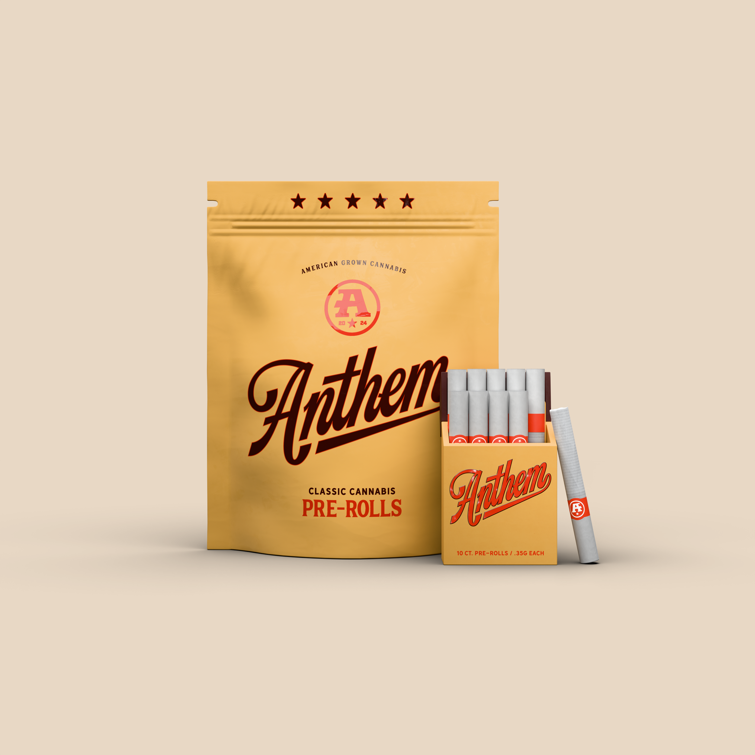 A large beige bag of Anthem classic cannabis pre-rolls with red and black text and stars at the top, next to a small box of Anthem pre-rolls with five pre-rolls inside and one outside the box.