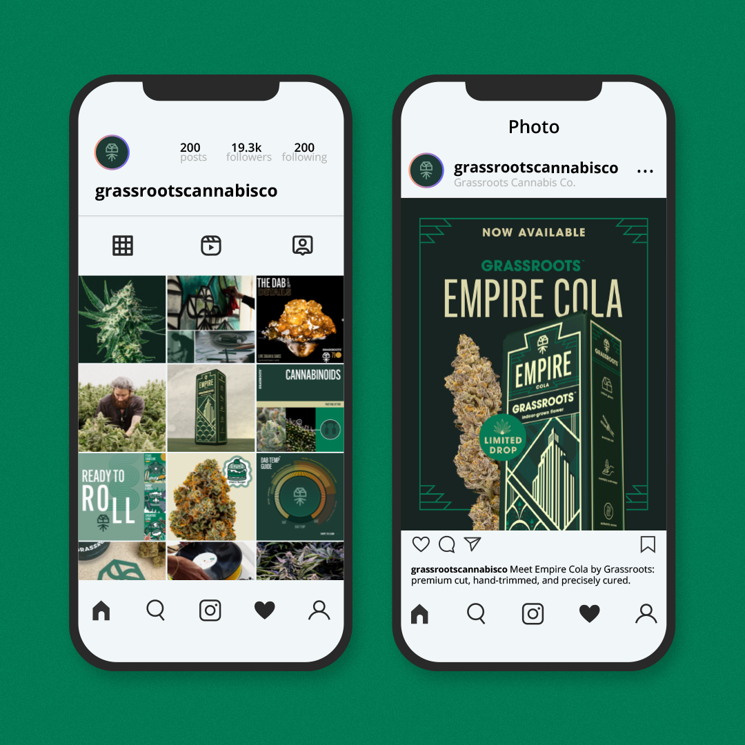An Instagram profile and a post for Grassroots Cannabis Co., featuring Empire Cola cannabis product packaging and promotional text.