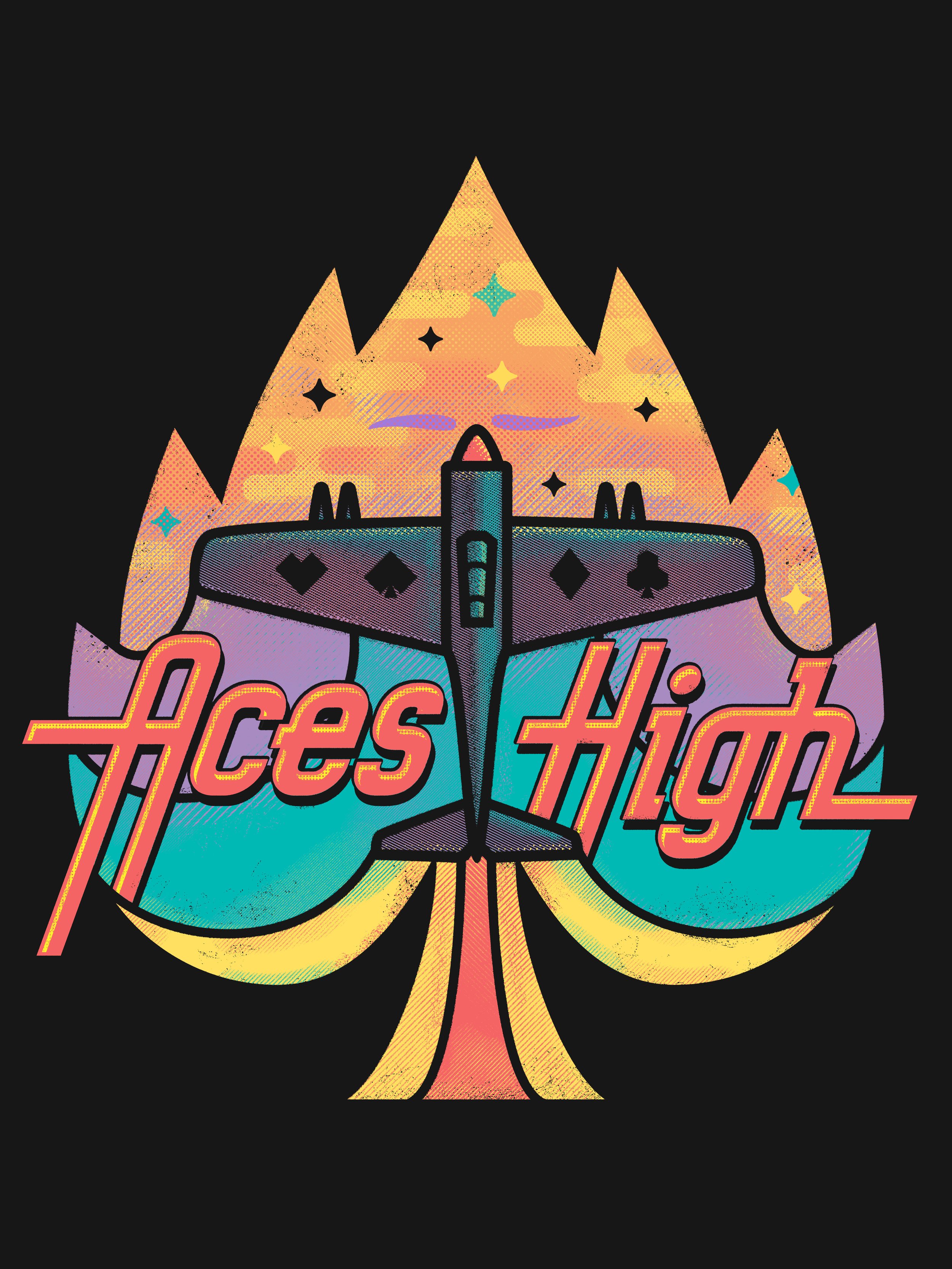 A colorful, stylized spaceship with the words "Ace's High" written across it, set against a black background, and featuring a formation of mountains and stars.