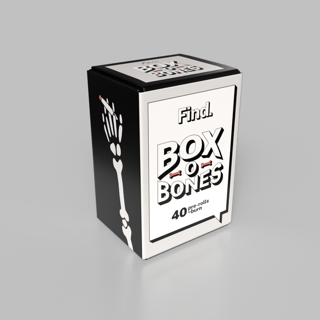 A box of dog bones labeled "Find. BOX o BONES" with a skeleton paw print on the side and an illustration of bones.