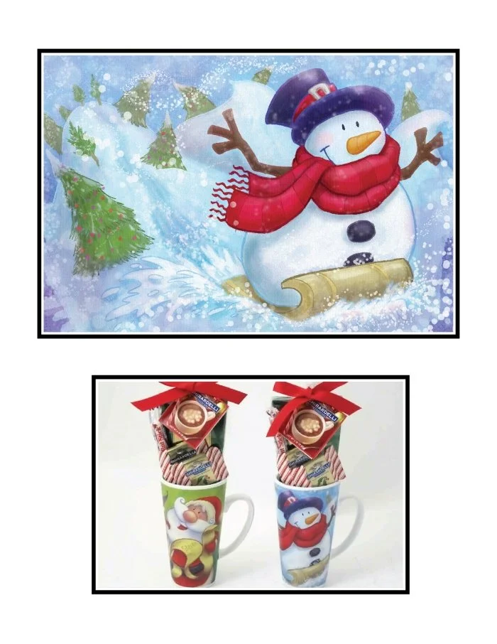 Two Christmas-themed mugs filled with hot chocolate, topped with cookies and candies, with red ribbons on top, featuring Santa Claus and snowman designs. Above, a festive winter scene with a snowman wearing a purple hat and red scarf, in a snowy land