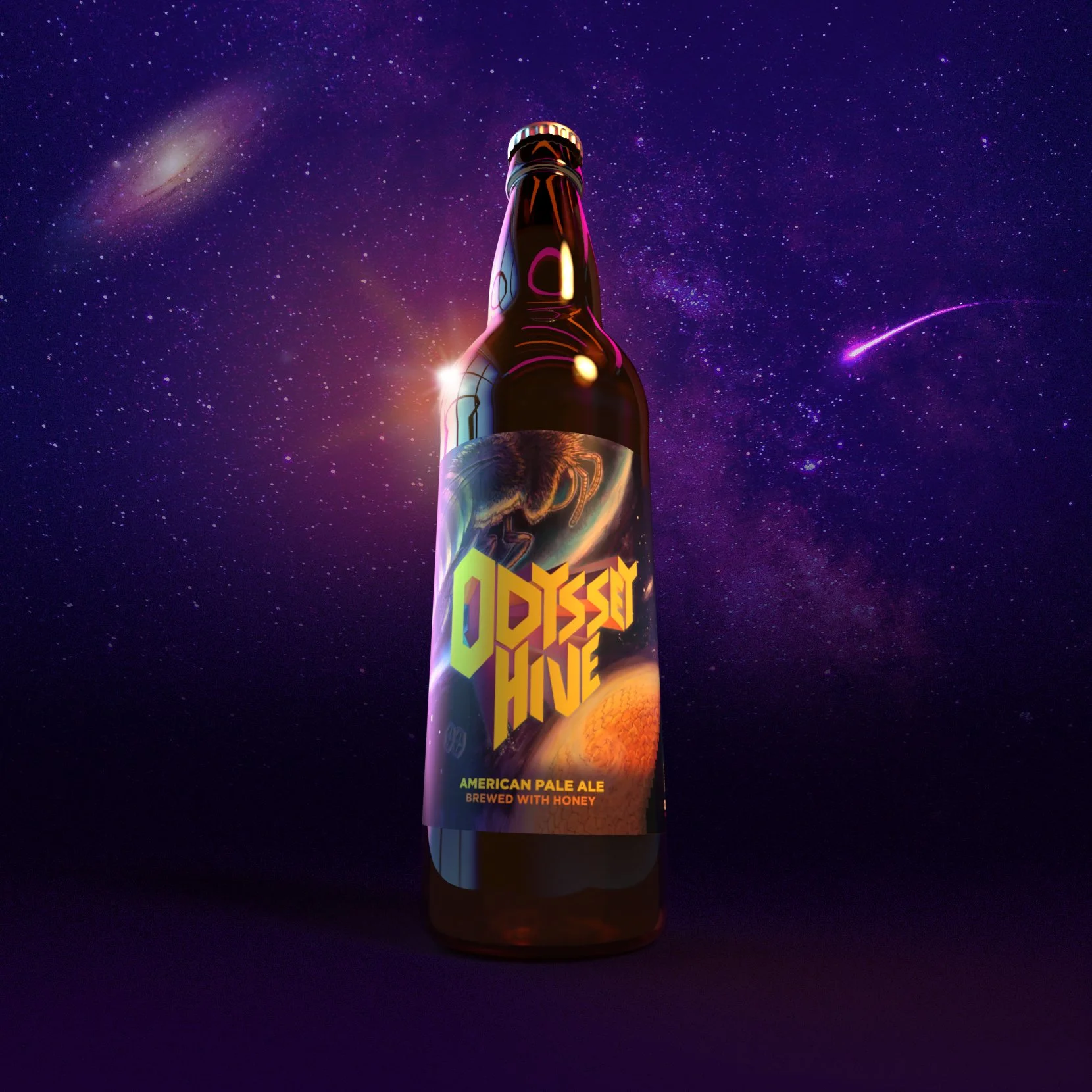 A bottle of Odyssey Hive American Pale Ale with a colorful space-themed label, set against a cosmic background with stars and galaxies.