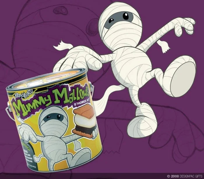 A cartoon mummy with big eyes, wrapped in bandages, sitting on a purple background, holding a can of Mummy Mallows S'mores Kit featuring a similar mummy cartoon on the label.