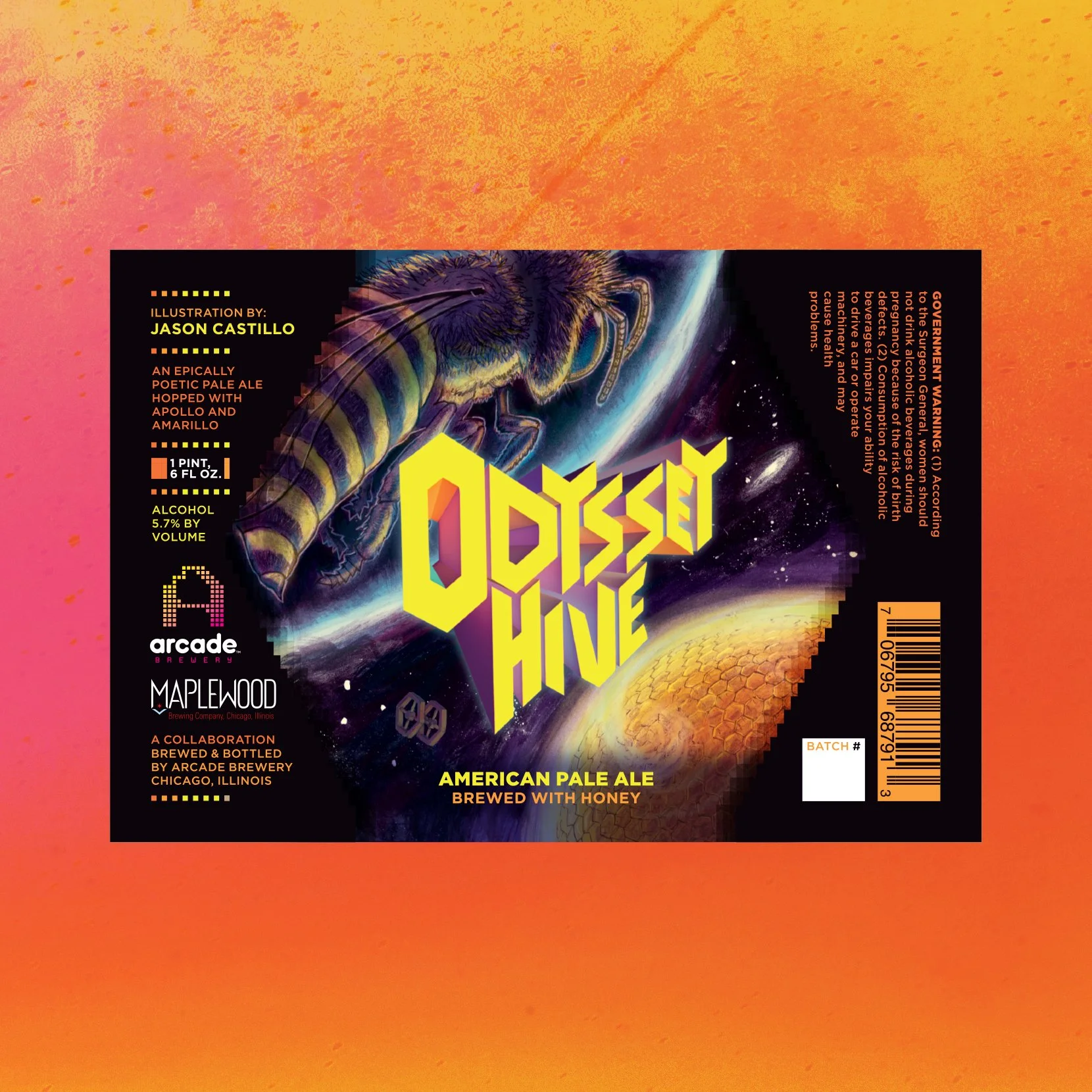 Label for Odyssey Hive American Pale Ale beer, brewed with honey, featuring a colorful space-themed design with a bee and planetary imagery, with black background and vibrant text.