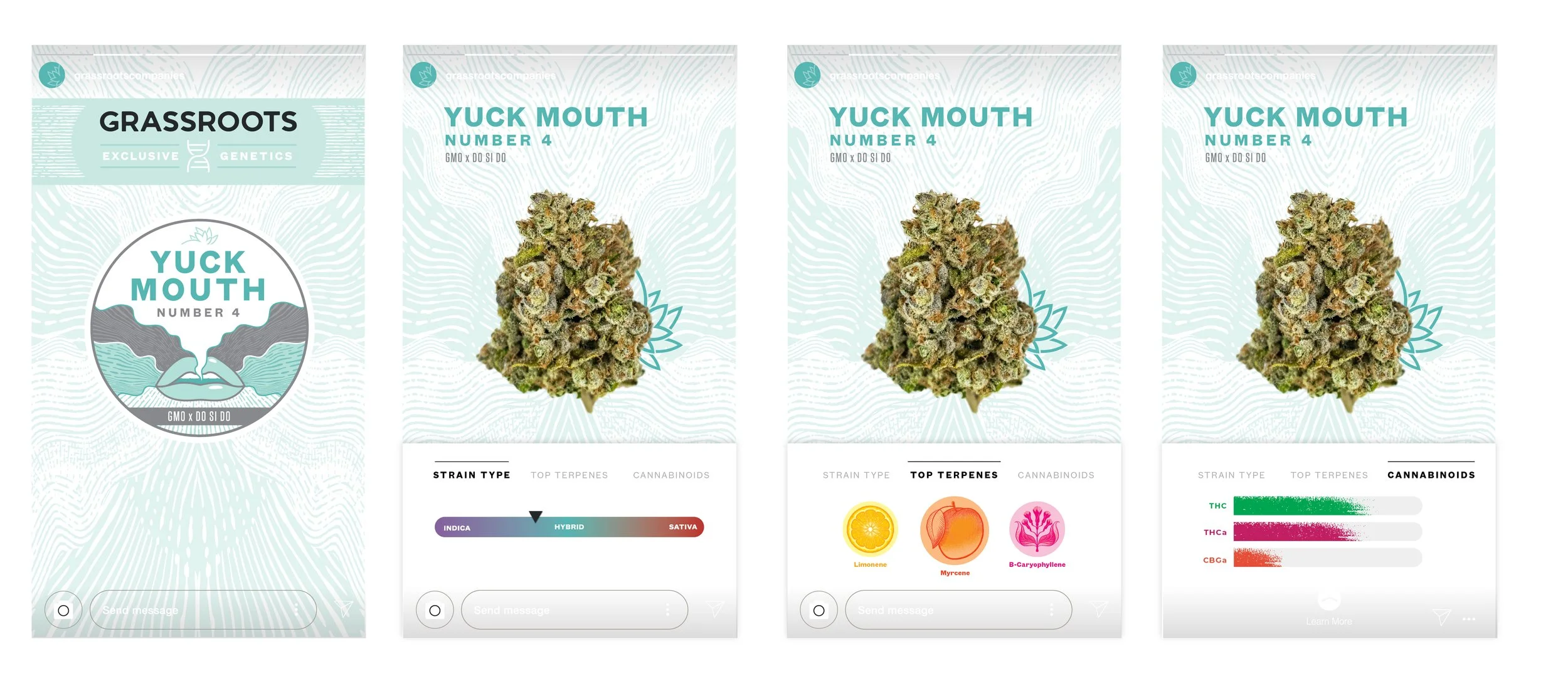 Four digital cannabis product cards featuring Yuck Mouth strain, including logos, strain details, and cannabinoid profile.