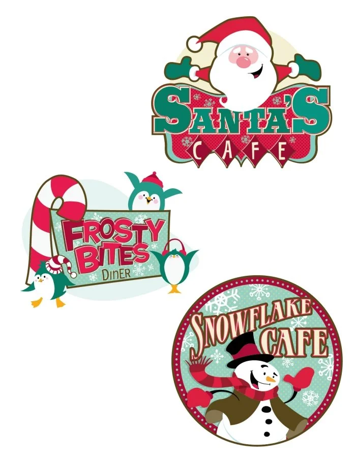 Three festive holiday signs for cafes featuring animated characters: a Santa Claus at Santa's Cafe, a penguin with a candy cane and the words Frosty Bites Diner, and a snowman with a top hat and scarf at Snowflake Cafe, all in colorful, cartoon style
