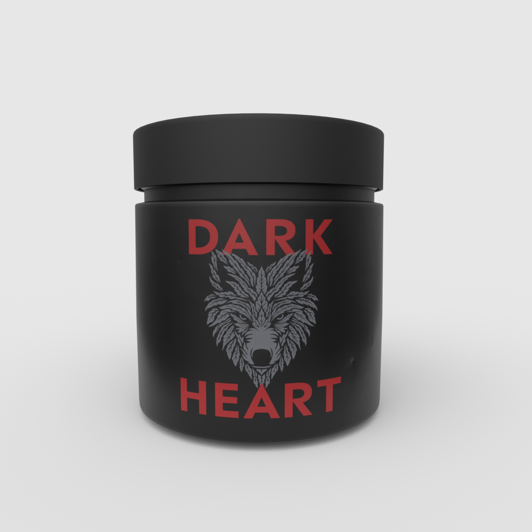 A black container with a wolf's head illustration and the words 'Dark Heart' in red text.