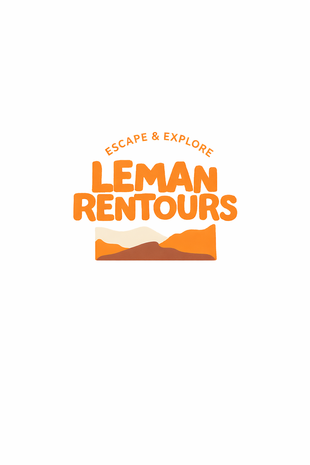 Logo avec texte en orange : 'Escape & Explore Leman Rertos' et illustration de montagnes dans des tons orangés et beiges.