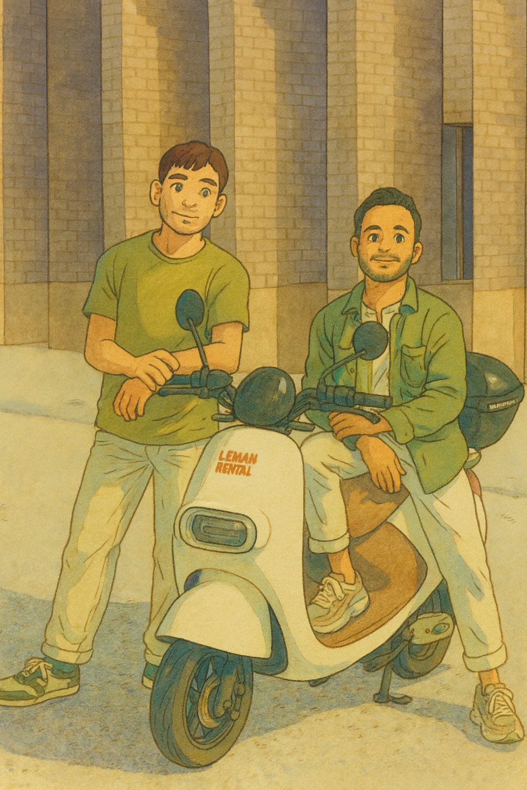 Deux jeunes hommes posent avec une moto électrique blanche marquée 'LEMAN RENTAL' devant une bâtiment en brique. L'un est debout, l'autre est assis sur la moto, ils sourient.