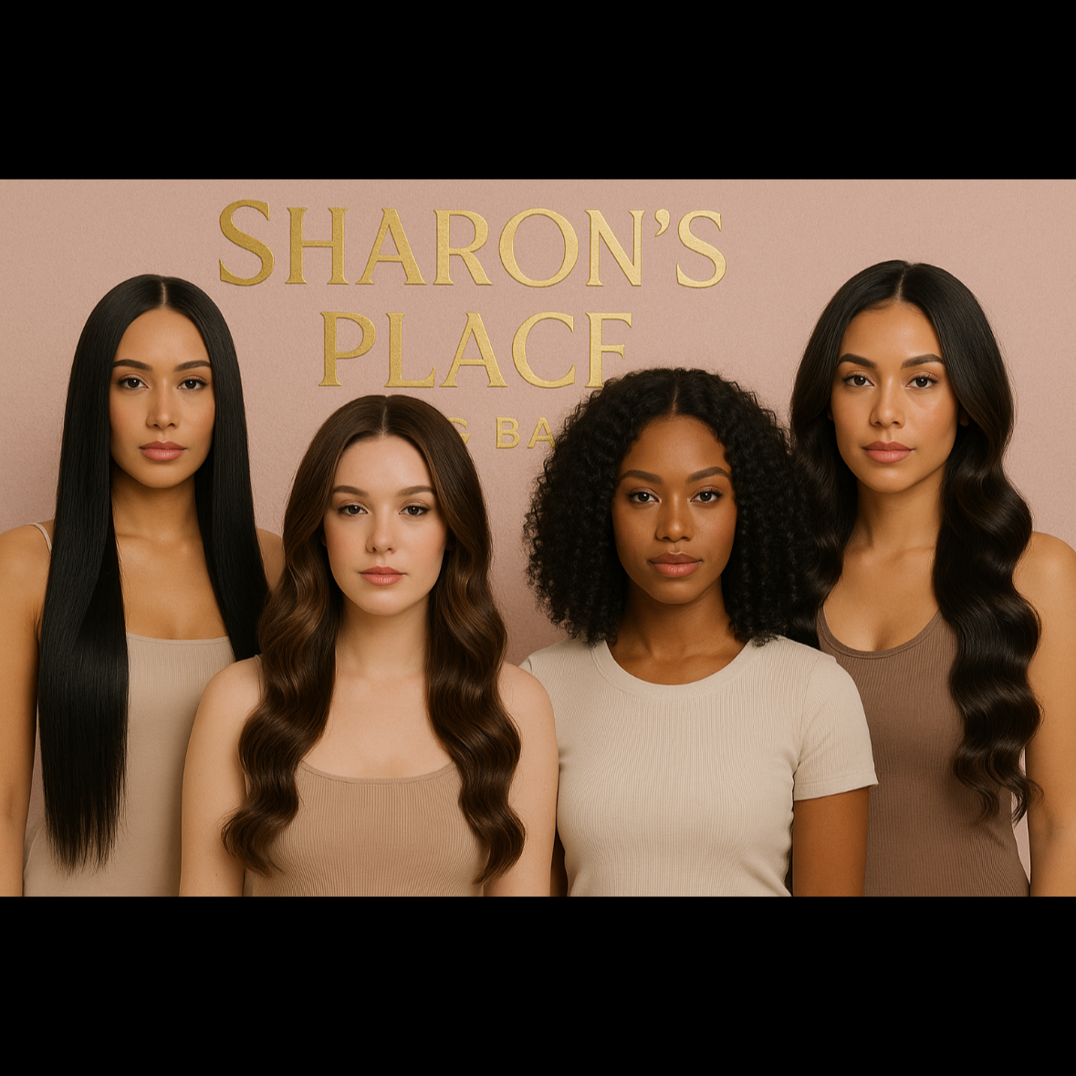 Four women standing in front of a pink wall with gold text that reads "Sharon's Place" and "Bar." They are facing the camera, wearing neutral-colored tops, with diverse hairstyles and ethnicities.