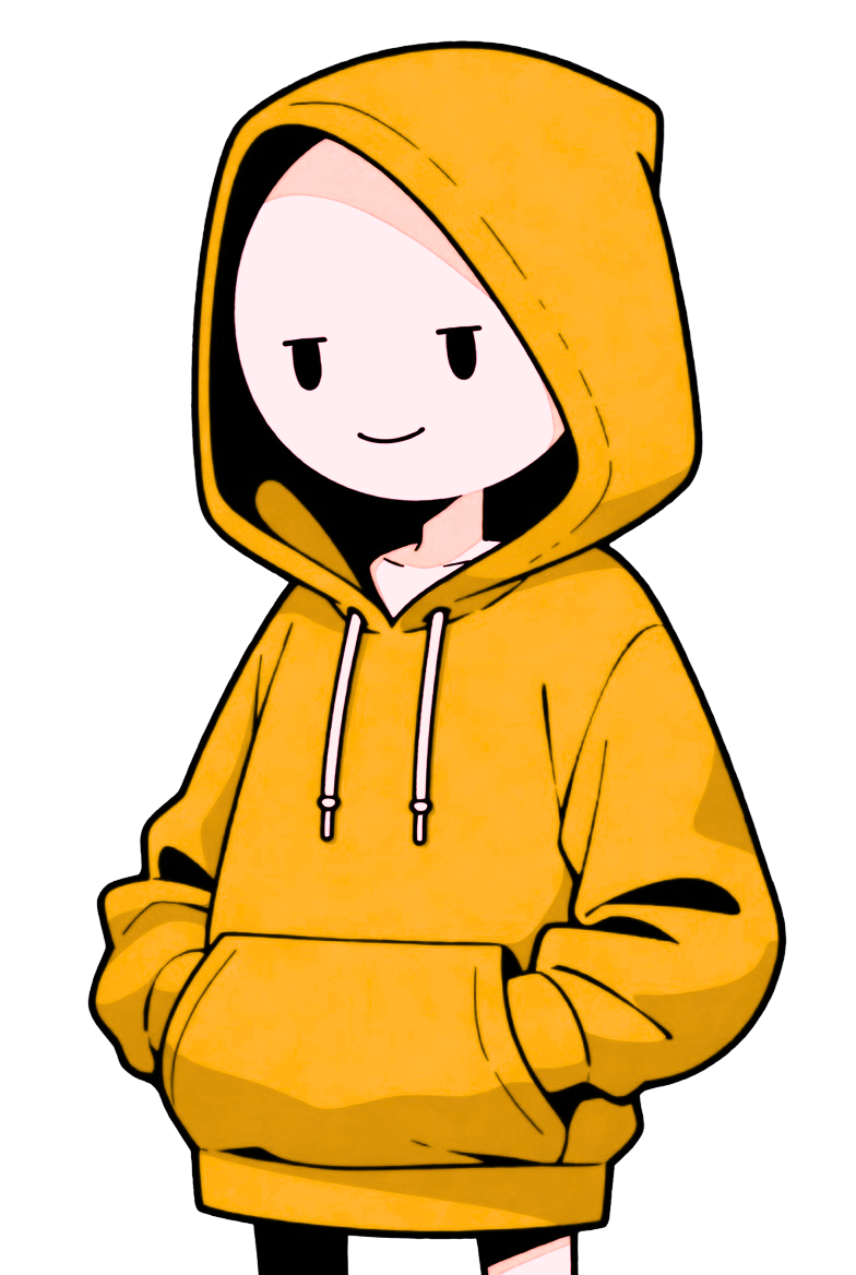 Cartoon character wearing a yellow hoodie with hands in the front pocket, smiling with a simple face and black background.