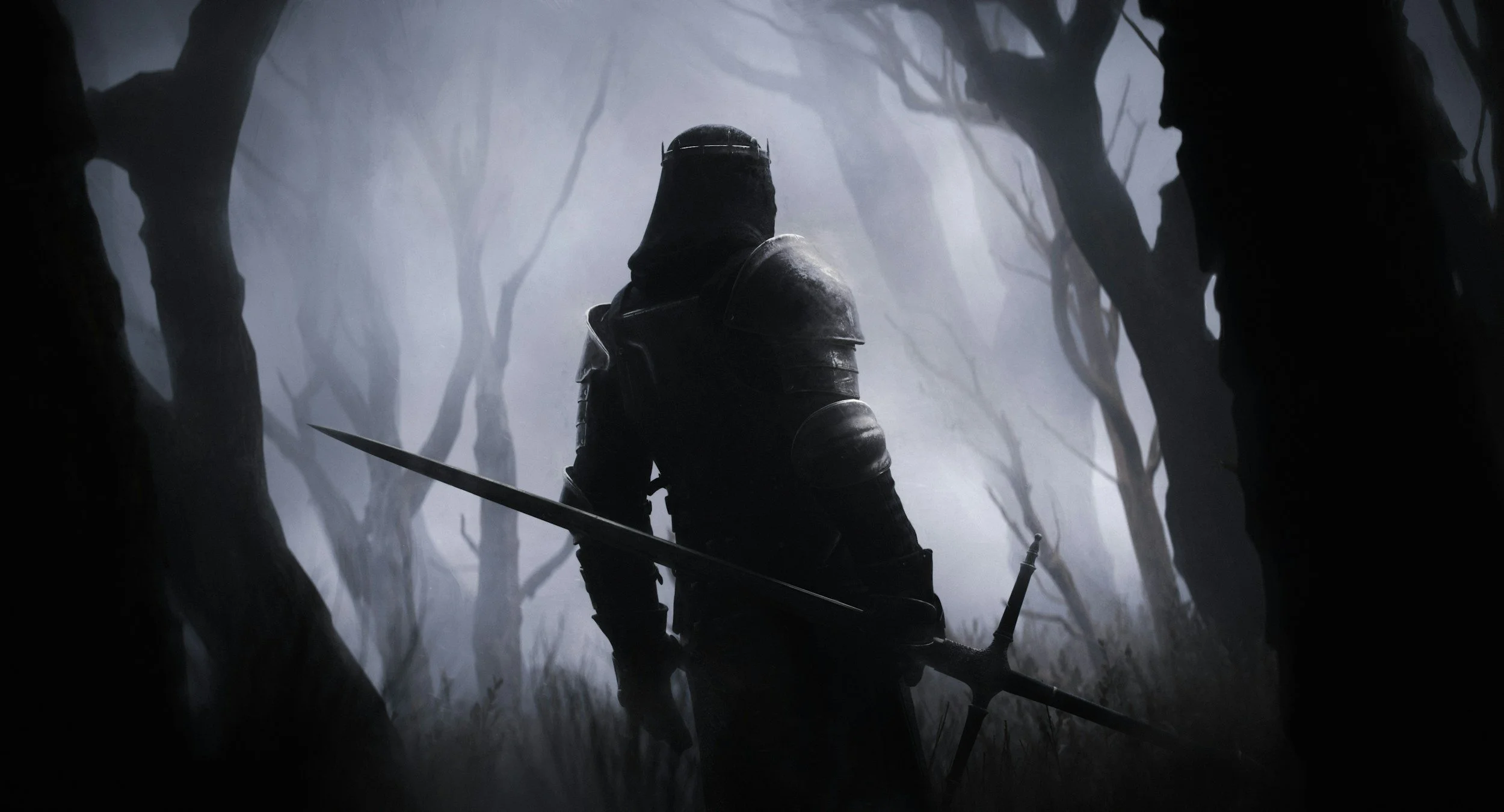 A dark, mysterious figure dressed in armor, holding a long spear, standing in a foggy, eerie forest with twisted, leafless trees.