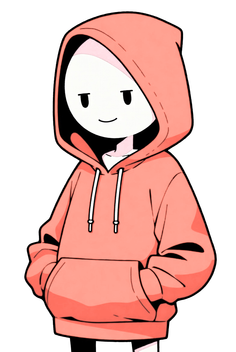 A cartoon character with a simple face and dark hair, wearing a pink hoodie with the hood up, and hands in the pockets against a dark background.